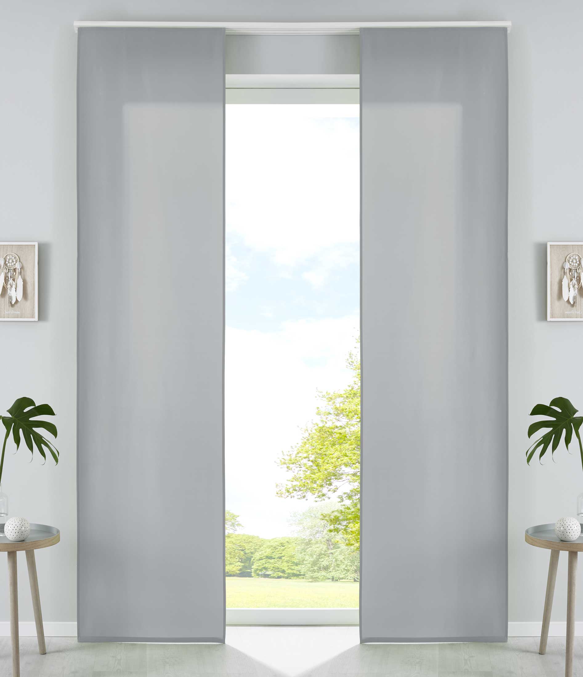 2er Set Schiebegardinen Flächenvorhänge Mikrofaser Vorhang Gardine Schiebe Matt Paneelwagen Beschwerungsstangen 85600N2 Grau Schiebegardine 85600N2grau | Gardinenbox.de