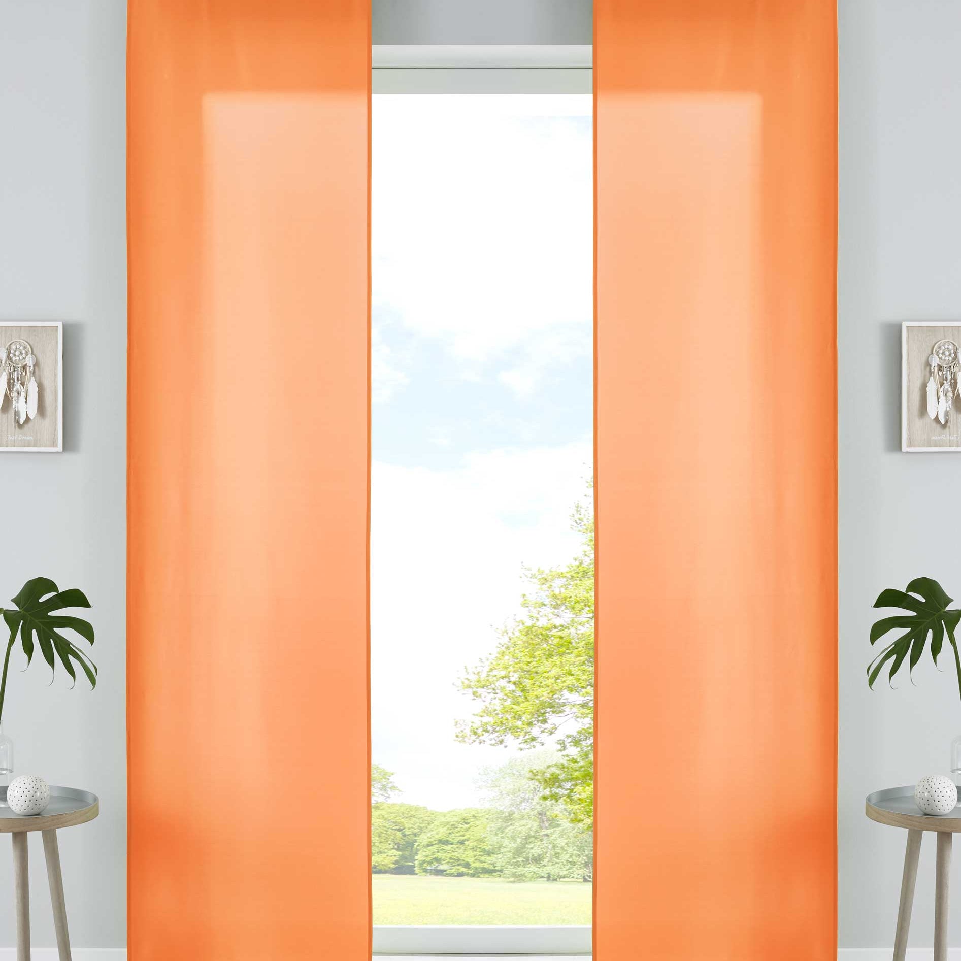 2er Set Schiebegardinen Flächenvorhänge Mikrofaser Vorhang Gardine Schiebe Matt Paneelwagen Beschwerungsstangen 85600N2 Orange Schiebegardine 85600N2orange | Gardinenbox.de