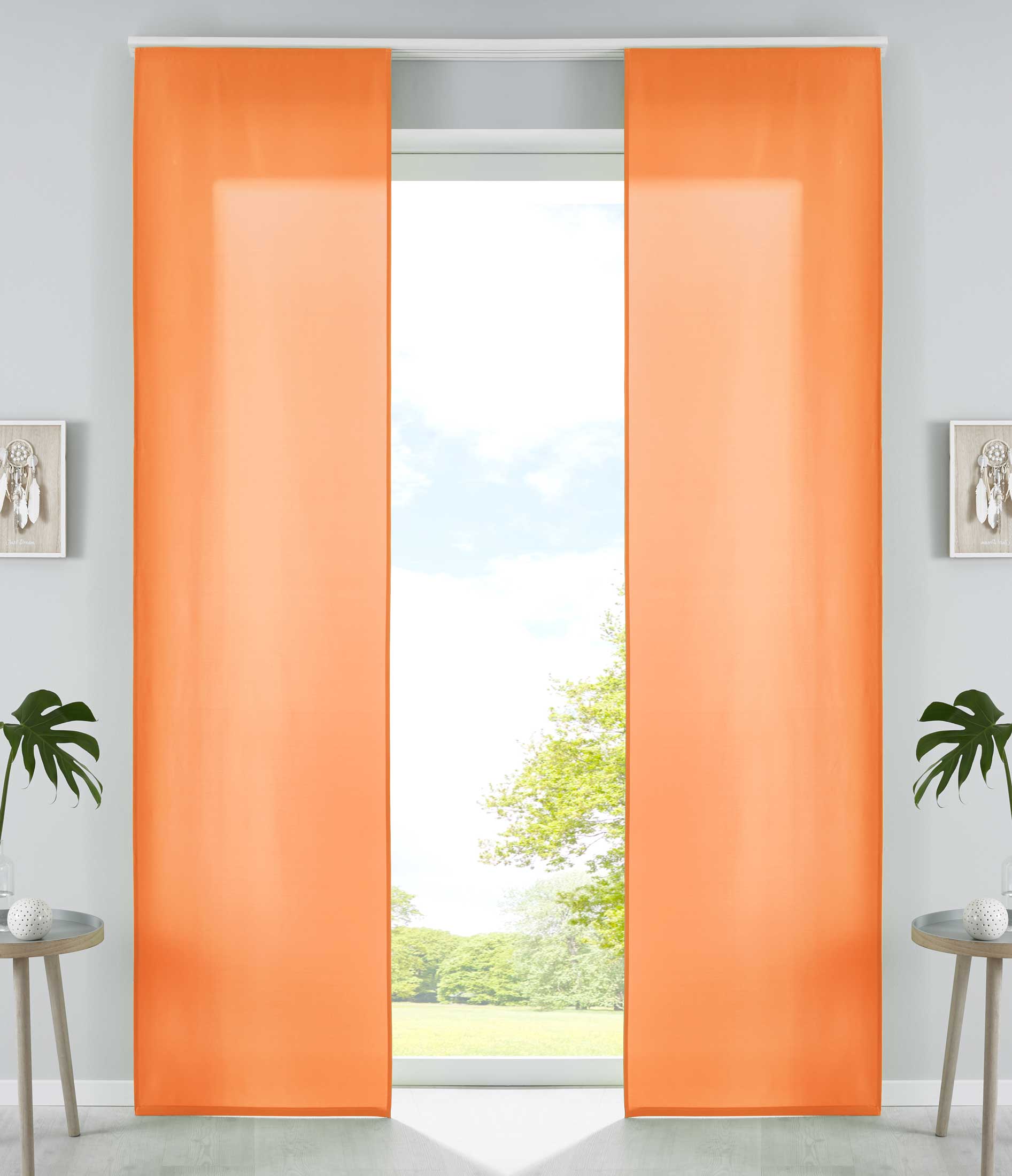 2er Set Schiebegardinen Flächenvorhänge Mikrofaser Vorhang Gardine Schiebe Matt Paneelwagen Beschwerungsstangen 85600N2 Orange Schiebegardine 85600N2orange | Gardinenbox.de