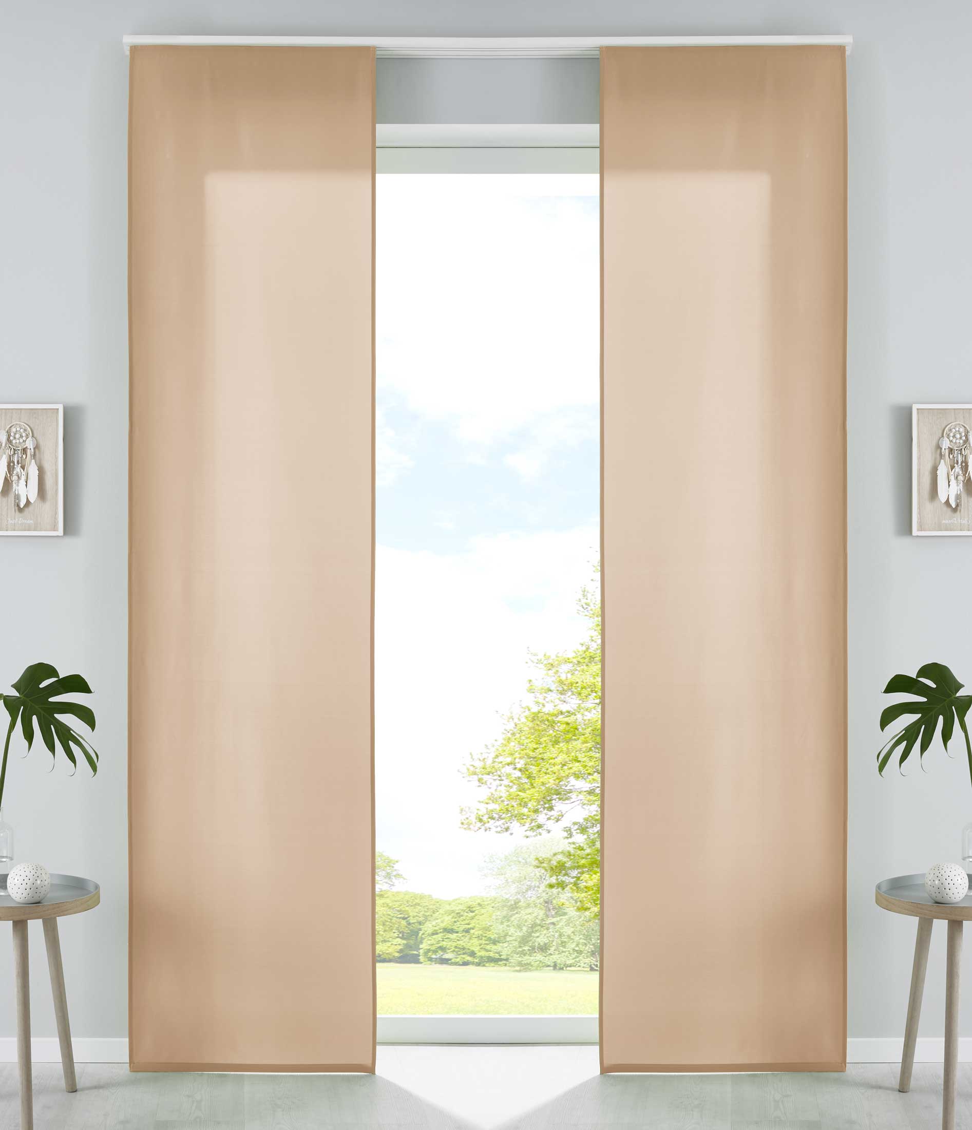 2er Set Schiebegardinen Flächenvorhänge Mikrofaser Vorhang Gardine Schiebe Matt Paneelwagen Beschwerungsstangen 85600N2 Sand Schiebegardine 85600N2sand | Gardinenbox.de