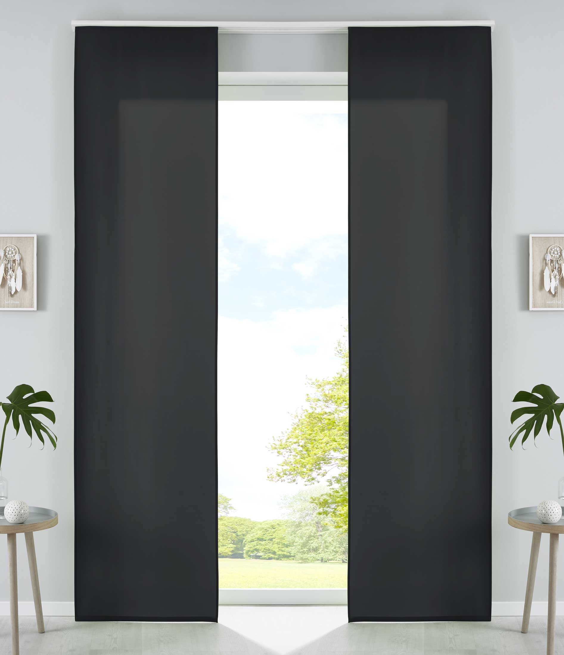 2er Set Schiebegardinen Flächenvorhänge Mikrofaser Vorhang Gardine Schiebe Matt Paneelwagen Beschwerungsstangen 85600N2 Schwarz Schiebegardine 85600N2schwarz | Gardinenbox.de
