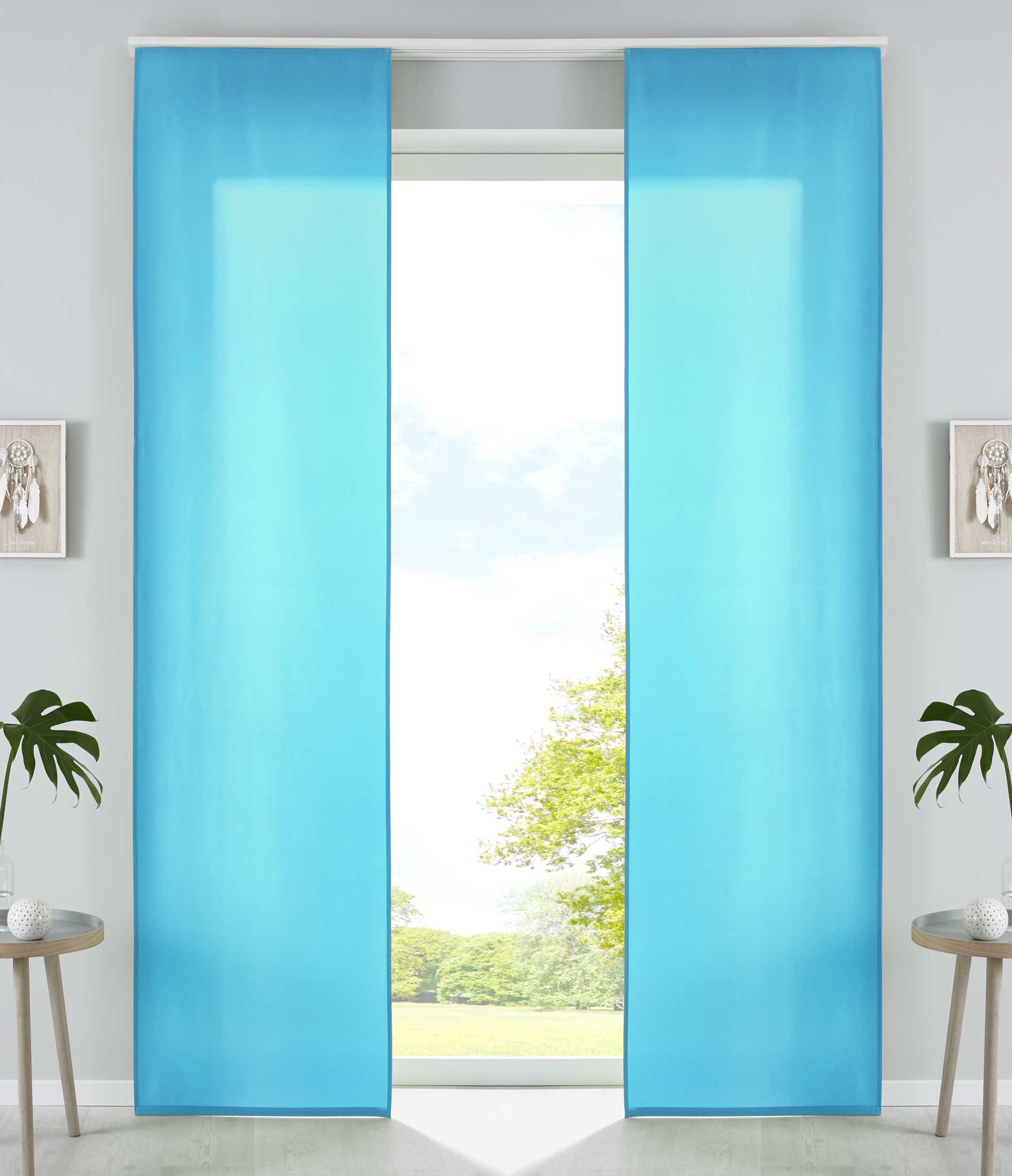 2er Set Schiebegardinen Flächenvorhänge Mikrofaser Vorhang Gardine Schiebe Matt Paneelwagen Beschwerungsstangen 85600N2 Türkis Schiebegardine 85600N2tuerkis | Gardinenbox.de