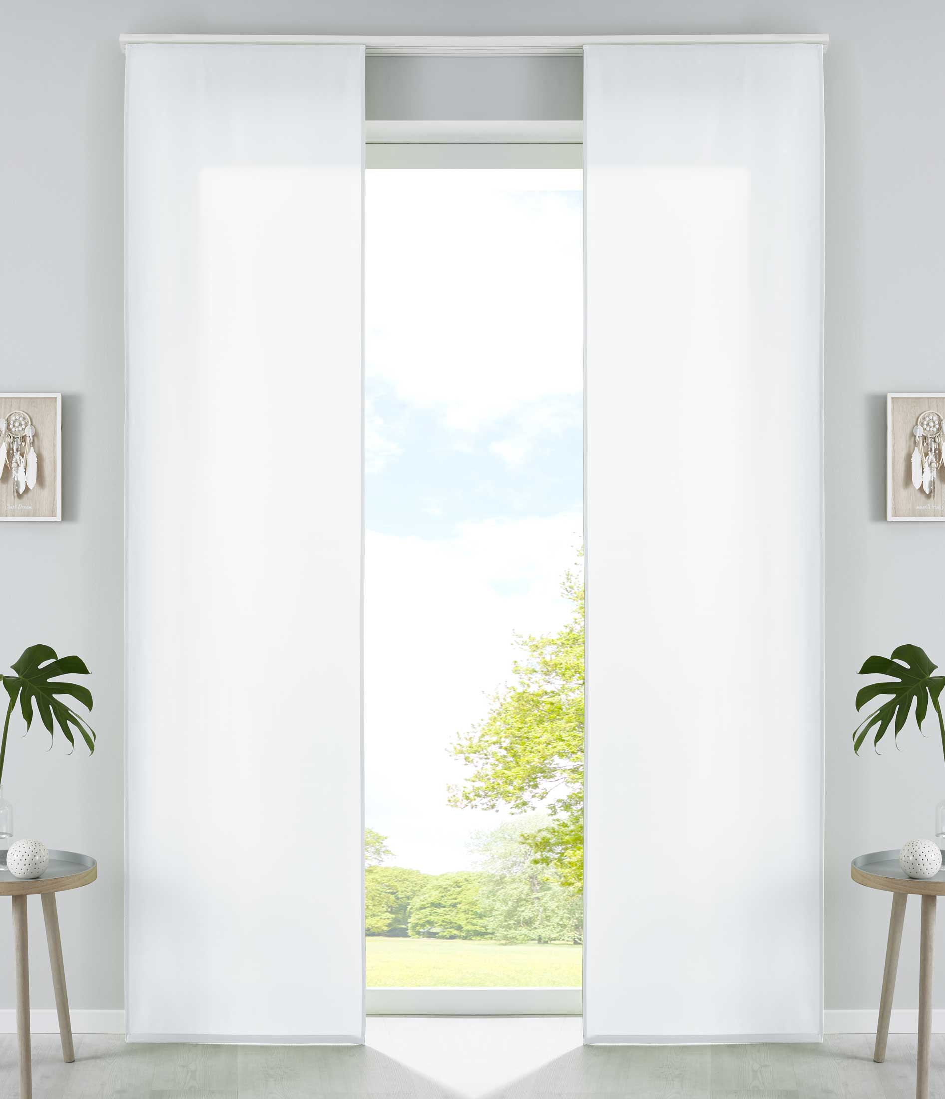 2er Set Schiebegardinen Flächenvorhänge Mikrofaser Vorhang Gardine Schiebe Matt Paneelwagen Beschwerungsstangen 85600N2 Weiß Schiebegardine 85600N2weiss | Gardinenbox.de