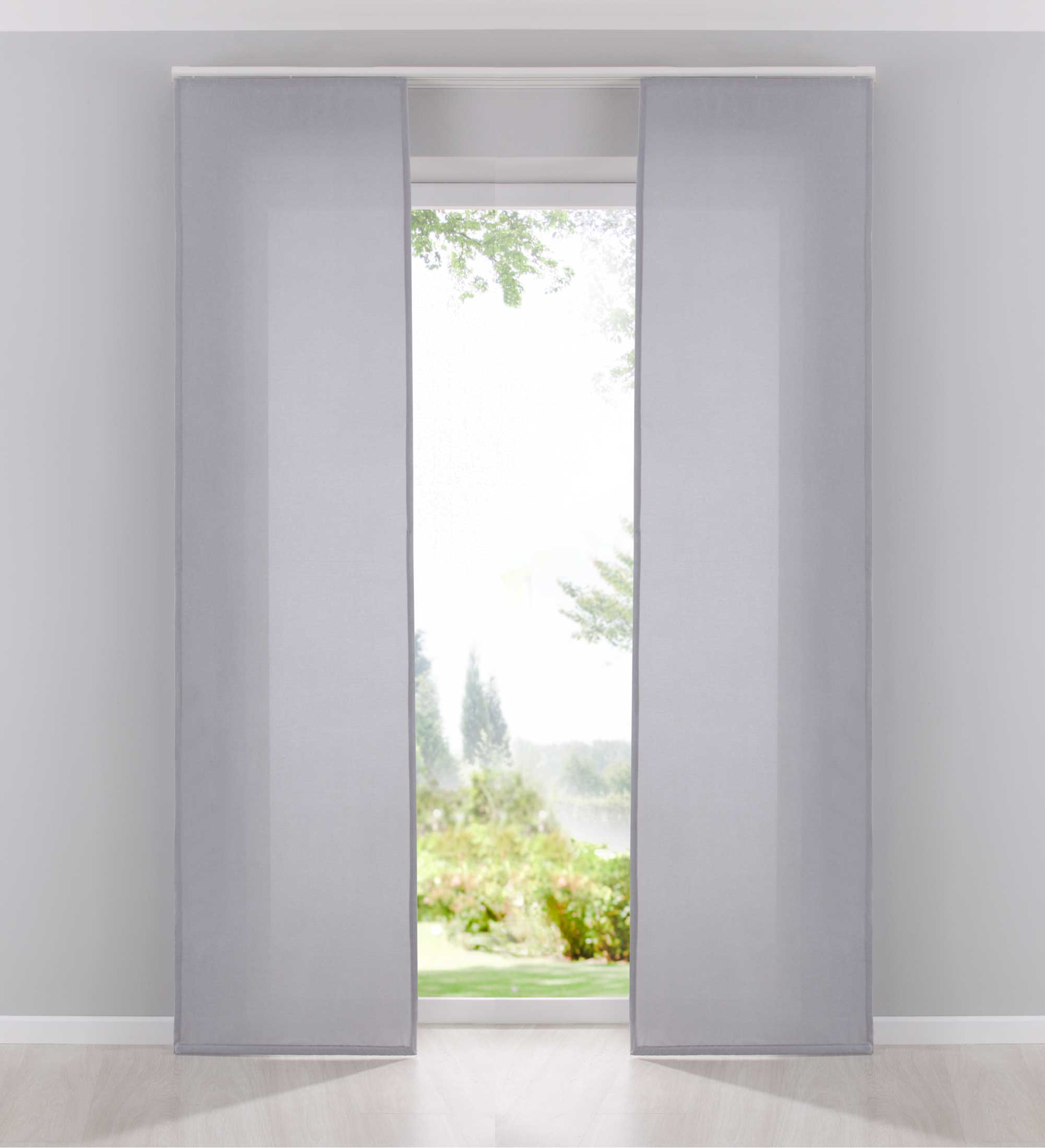 2er Pack Flächenvorhänge Schiebegardinen komplett Set Cationic blickdicht Leinen Optik natura seidenmatt Landhaus Stil 204411-2 Grau Schiebegardine Fl_chenvorh_nge_grau | Gardinenbox.de