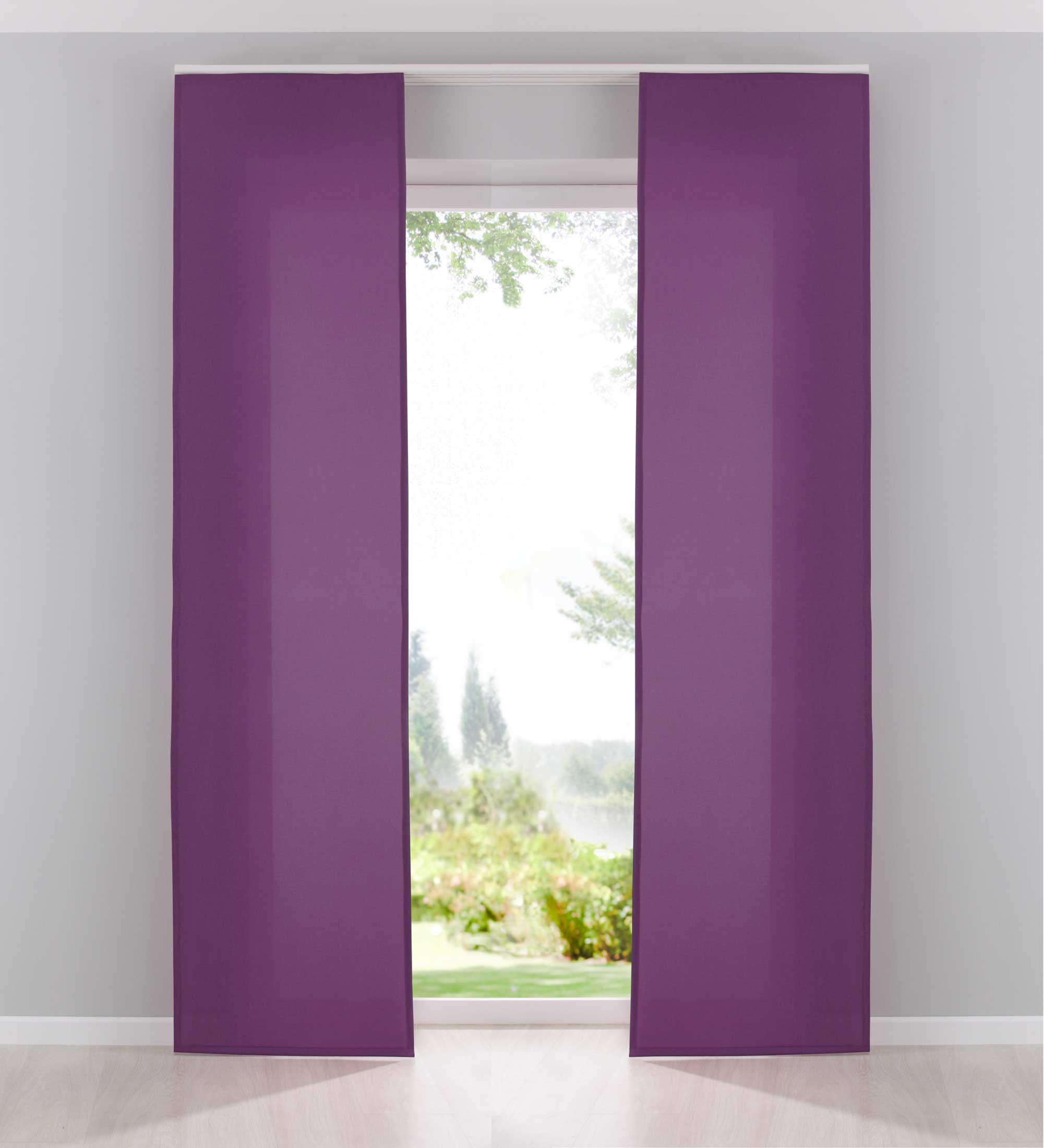 2er Pack Flächenvorhänge Schiebegardinen komplett Set Cationic blickdicht Leinen Optik natura seidenmatt Landhaus Stil 204411-2 Lila Schiebegardine Fl_chenvorh_nge_lila | Gardinenbox.de
