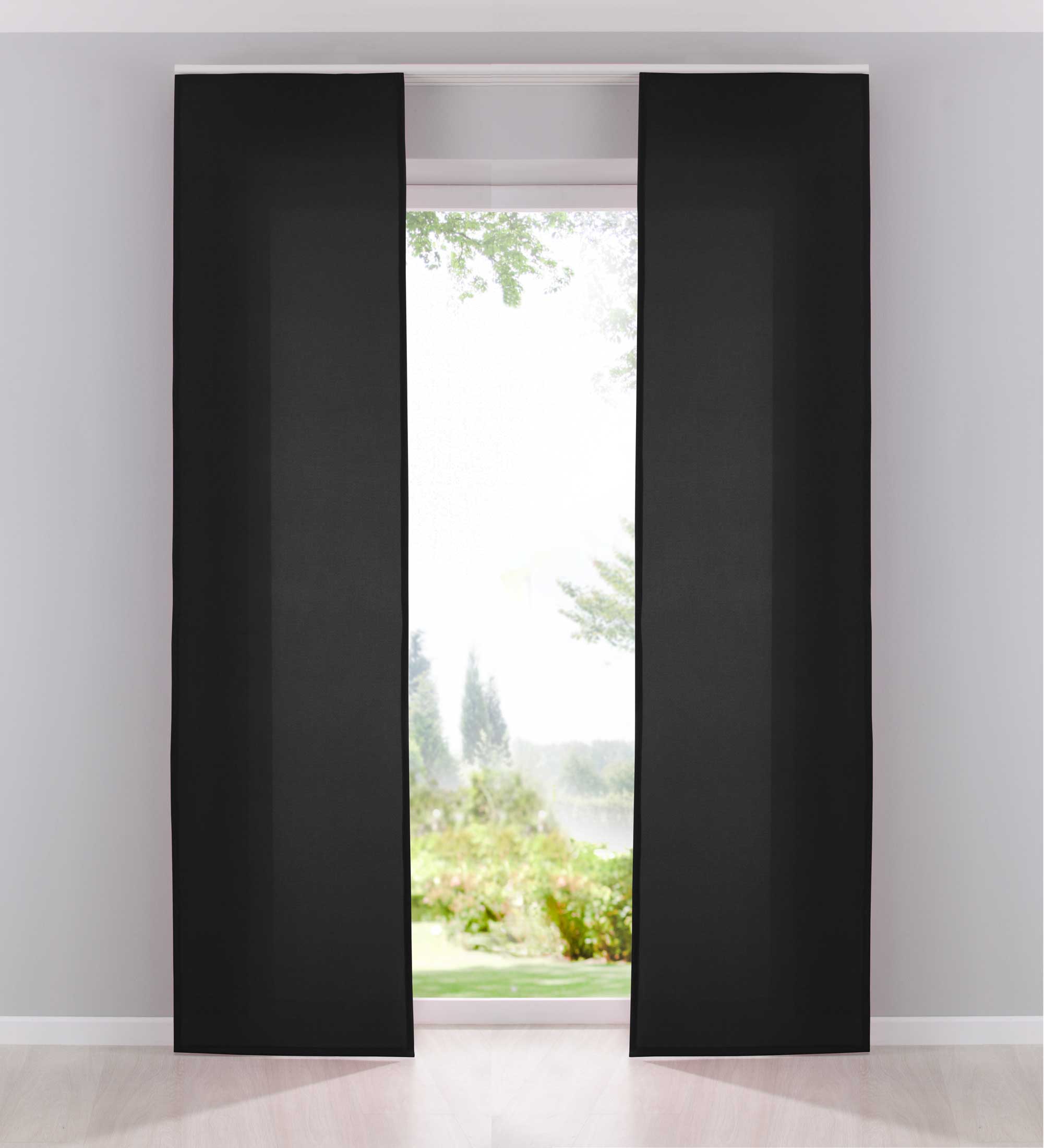 2er Pack Flächenvorhänge Schiebegardinen komplett Set Cationic blickdicht Leinen Optik natura seidenmatt Landhaus Stil 204411-2 Schwarz Schiebegardine Fl_chenvorh_nge_schwarz | Gardinenbox.de