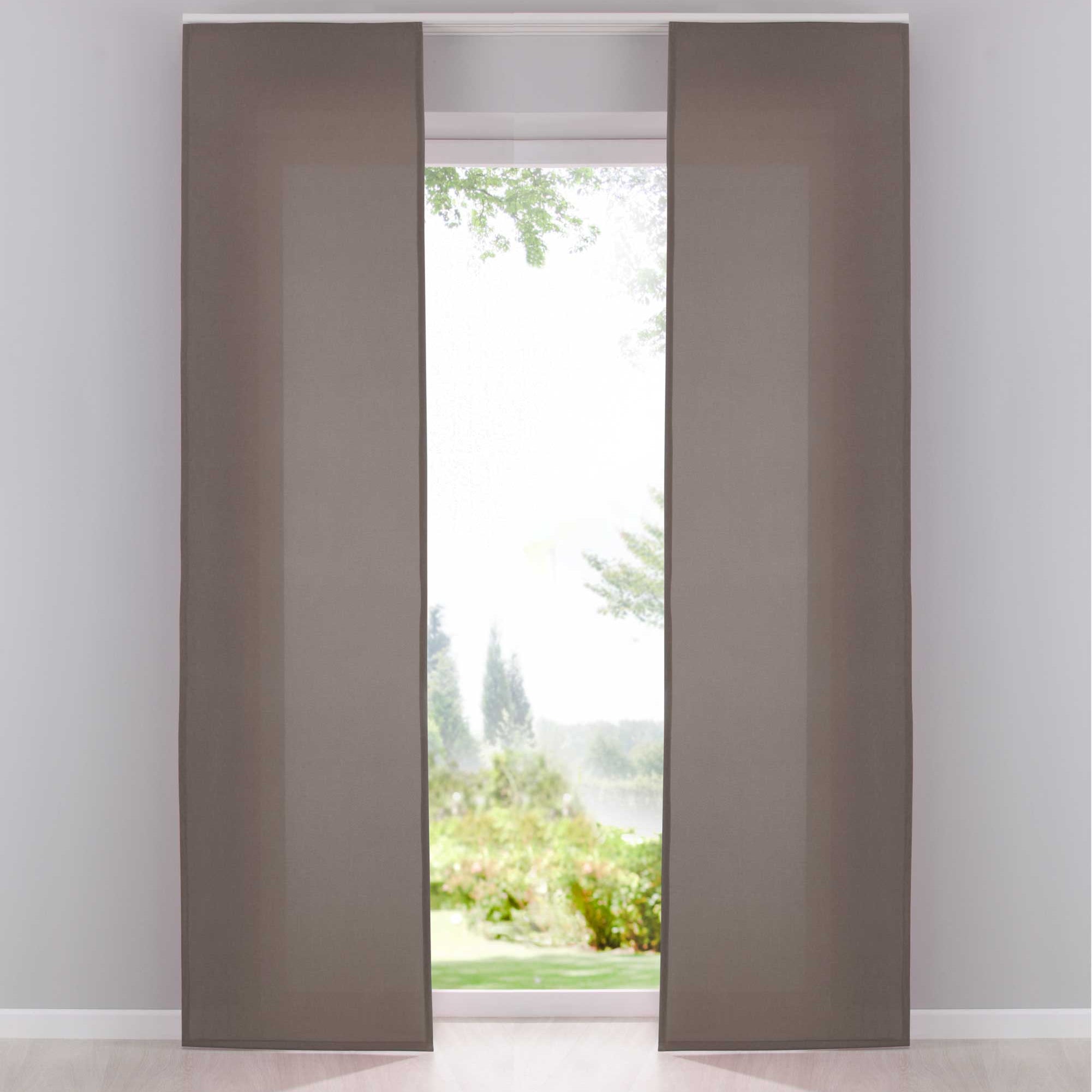 2er Pack Flächenvorhänge Schiebegardinen komplett Set Cationic blickdicht Leinen Optik natura seidenmatt Landhaus Stil 204411-2 Taupe Schiebegardine Fl_chenvorh_nge_taupe | Gardinenbox.de