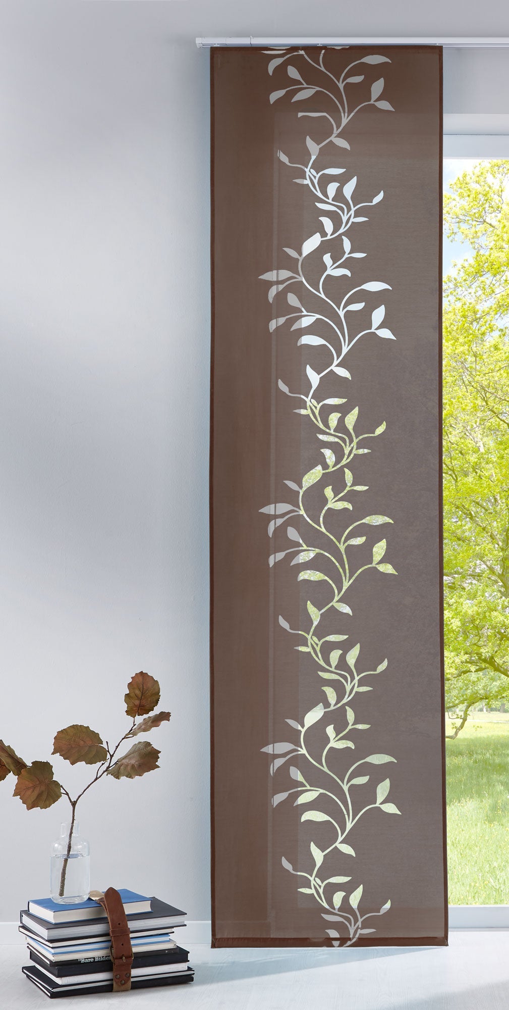 Moderner Flächenvorhang Raumtrenner Schiebegardine Tendril aus hochwertigem Ausbrenner-Stoff mit Paneelwagen 85611 Braun 245x60 (HxB) Schiebegardine Moderner_Flachenvorhang_Raumtrenner_Schiebegardine_Tendril_aus_hochwertigem_Ausbrenner-Stoff_mit_Paneelwagen_85611_-_Gardinenbox.de_-_-3686571 | Gardinenbox.de