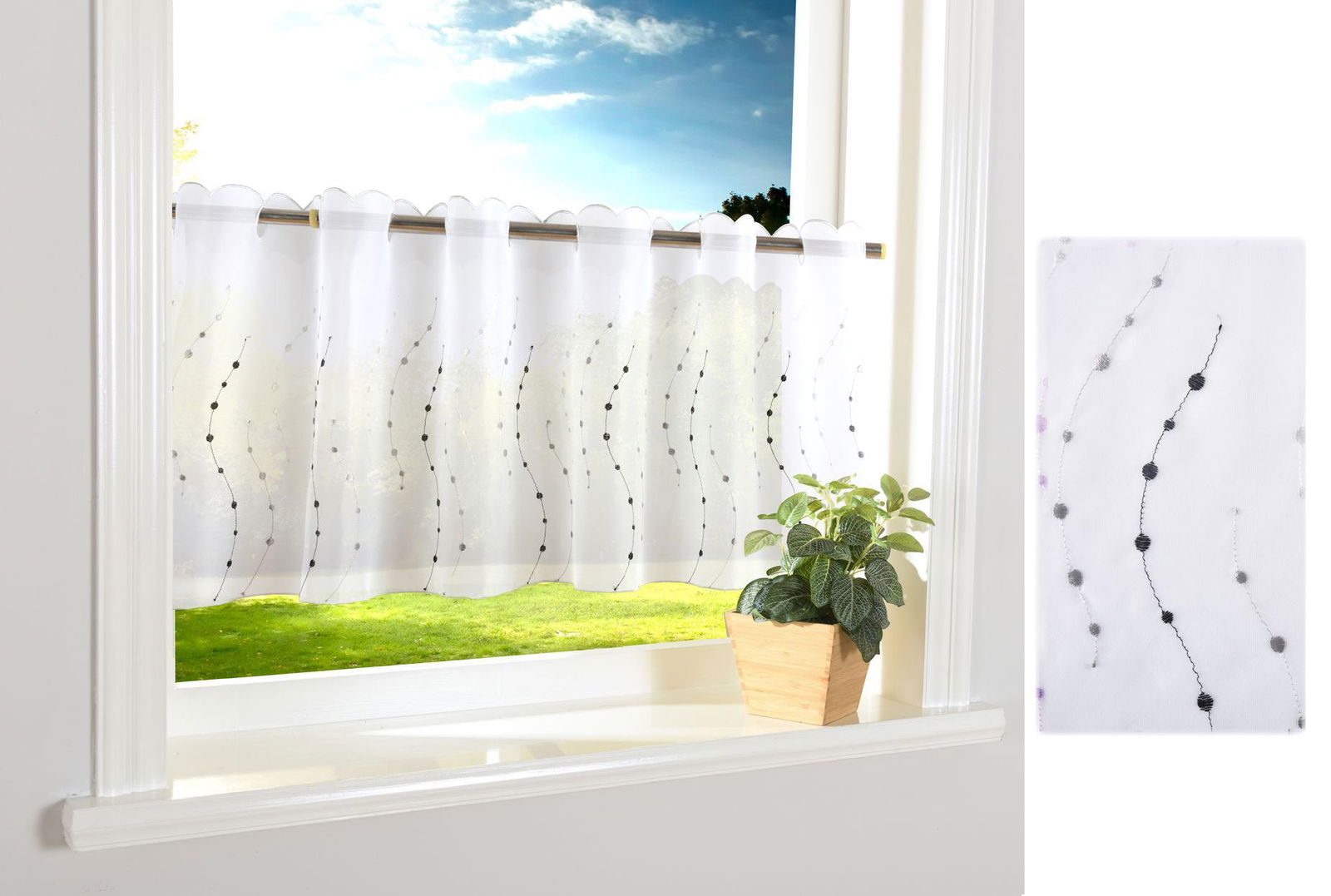 PUNKT Scheibengardine Durchzuglöcher für Gardinenstangen Scheibe Gardine Küche 112242 Schwarz Scheibengardine PUNKT_Scheibengardine_Durchzuglocher_fur_Gardinenstangen_Scheibe_Gardine_Kuche_112242_-_Gardinenbox.de_-_-3687566 | Gardinenbox.de