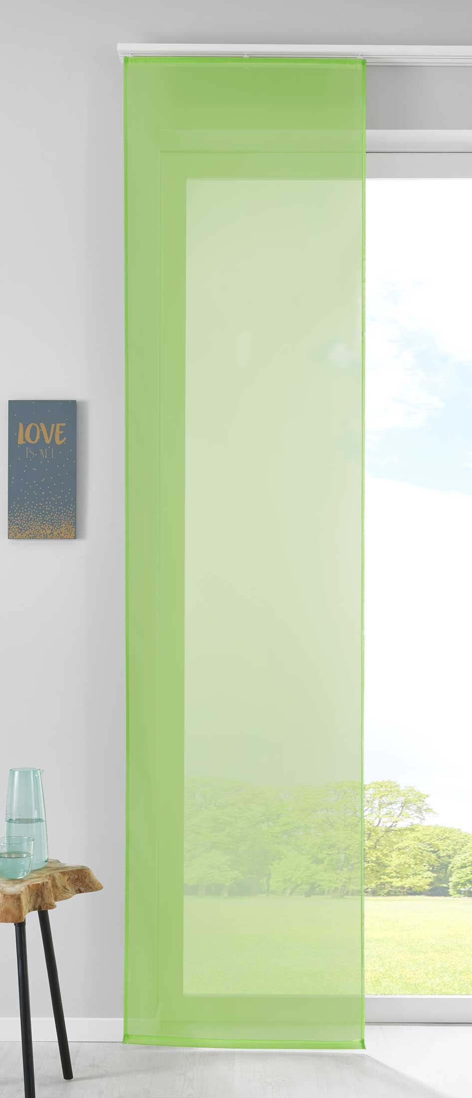 1er Set Schiebegardine Flächenvorhang Vorhang Gardine Voile Komplett mit Paneelwagen Beschwerungsstange 85589N Apfelgrün Schiebegardine Schiebegardine_apfelgruen | Gardinenbox.de