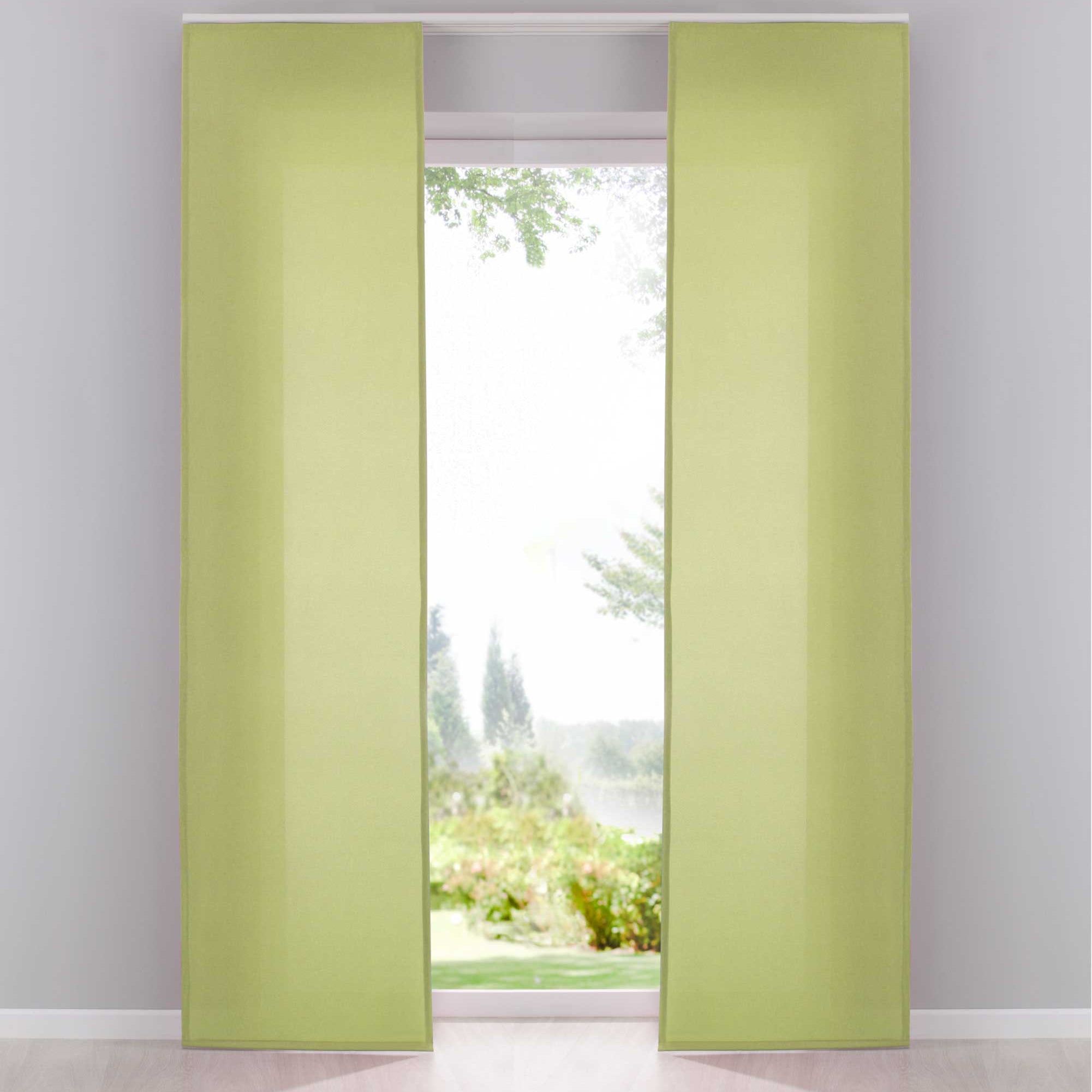 2er Pack Flächenvorhänge Schiebegardinen komplett Set Cationic blickdicht Leinen Optik natura seidenmatt Landhaus Stil 204411-2 Limette Schiebegardine Schiebegardine_limette | Gardinenbox.de