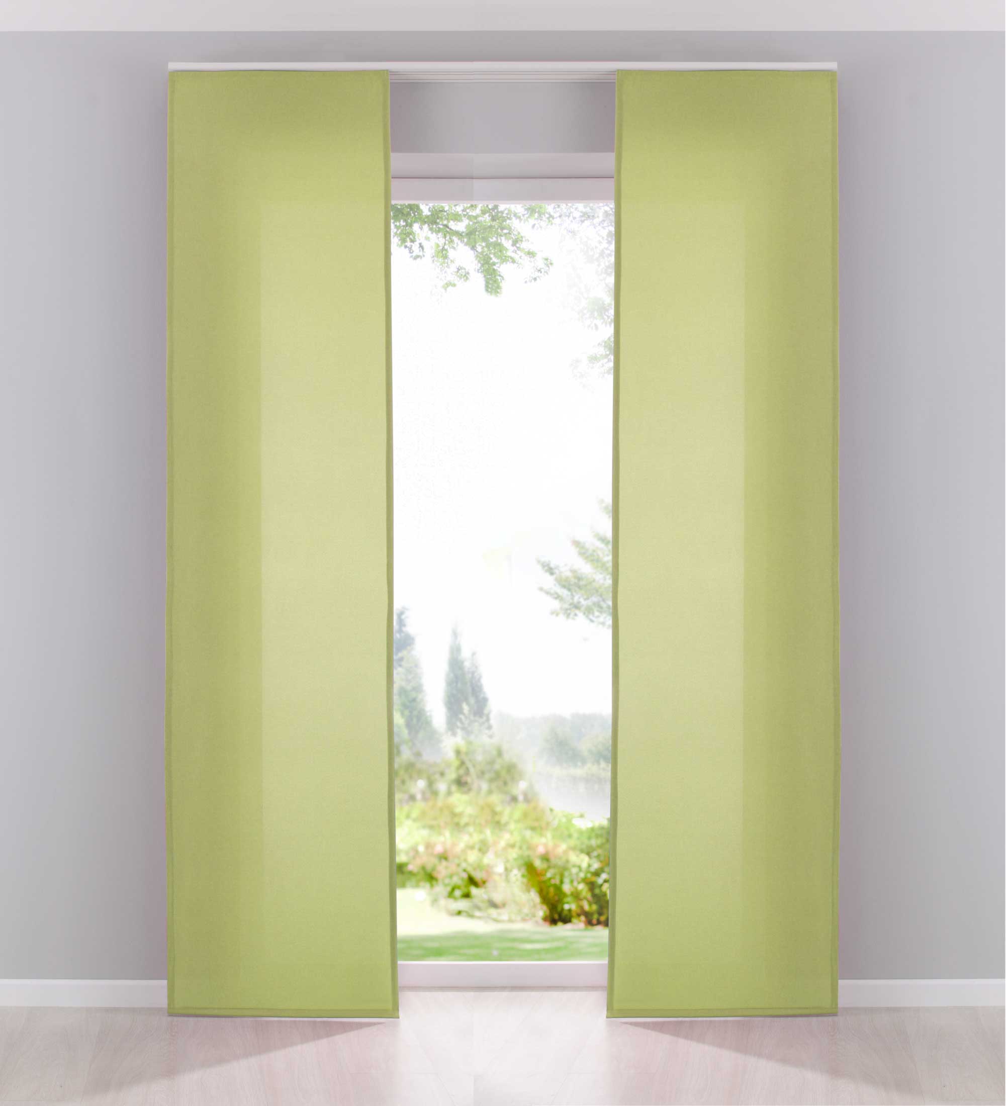 2er Pack Flächenvorhänge Schiebegardinen komplett Set Cationic blickdicht Leinen Optik natura seidenmatt Landhaus Stil 204411-2 Limette Schiebegardine Schiebegardine_limette | Gardinenbox.de