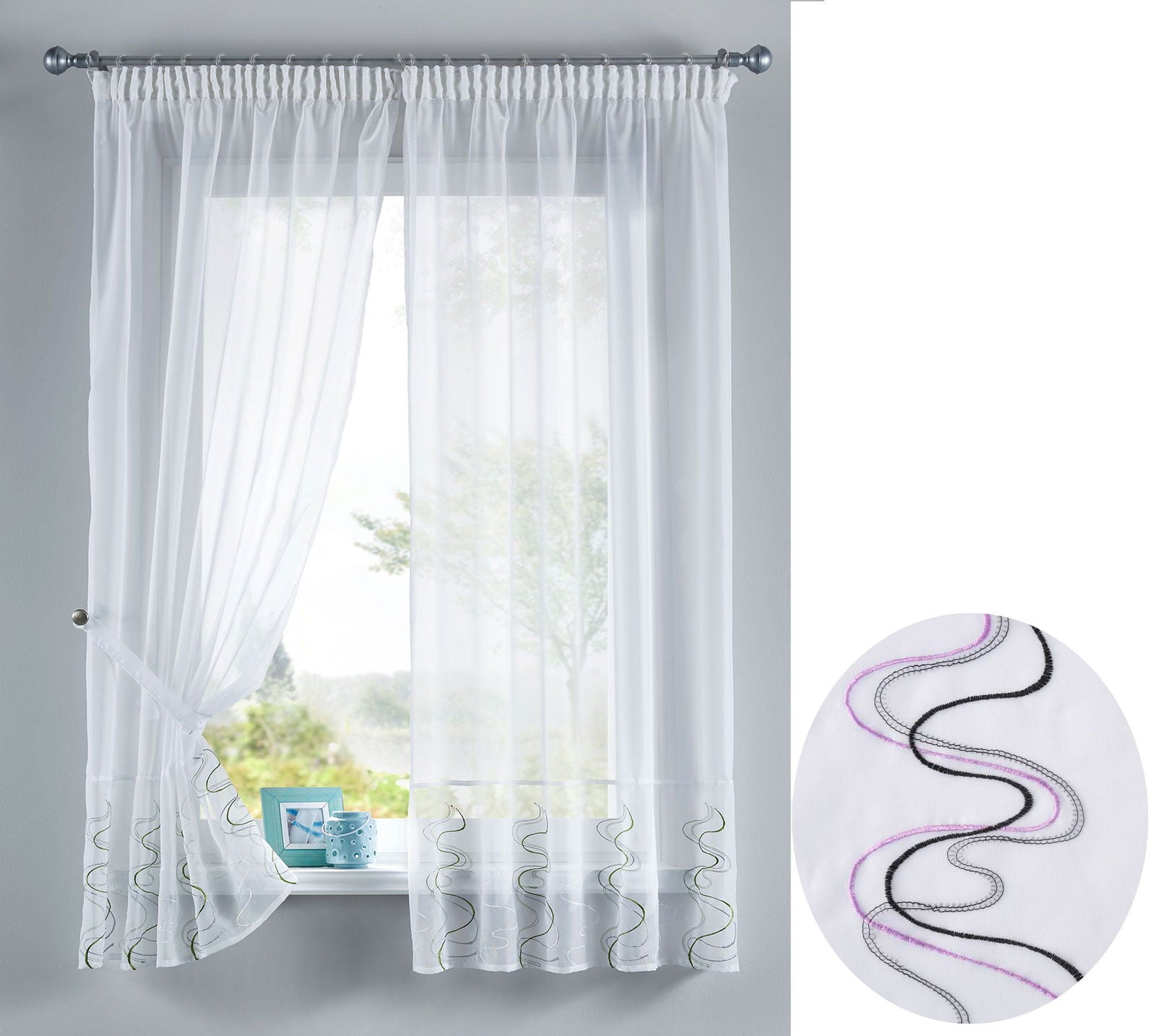 WELLE Stickerei Gardinen Set 4 Tlg. Raffhalter Tunneldurchzug Gardinenband für Gardinenschienen 112231 Lila Gardinen Set WELLE_Stickerei_Gardinen_Set_4_Tlg._Raffhalter_Tunneldurchzug_Gardinenband_fur_Gardinenschienen_112231_-_Gardinenbox.de_-_-3695899 | Gardinenbox.de