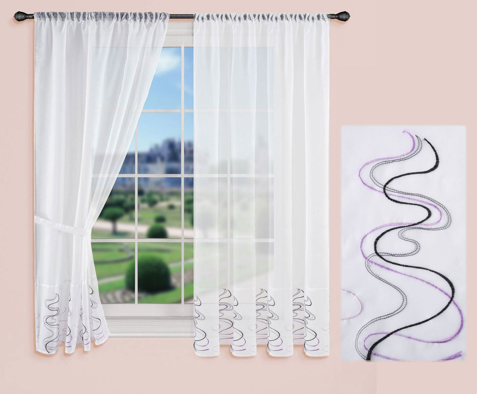 WELLE Stickerei Gardinen Set 4 Tlg. Raffhalter Tunneldurchzug Gardinenband für Gardinenschienen 112231 Gardinen Set WELLE_Stickerei_Gardinen_Set_4_Tlg._Raffhalter_Tunneldurchzug_Gardinenband_fur_Gardinenschienen_112231_-_Gardinenbox.de_-_-3695911 | Gardinenbox.de