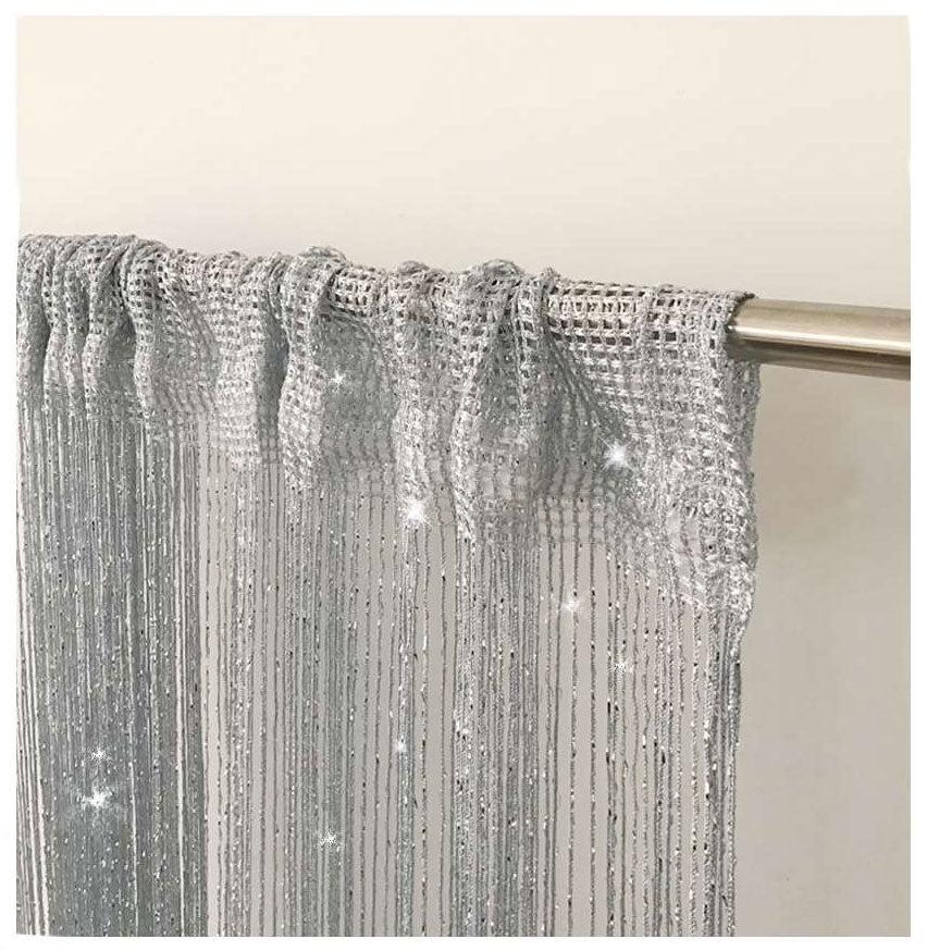 Fadengardine mit Tunneldurchzug und eingenähtem Kräuselband, geeignet für Gardinenstangen und Gardinenschienen Fadenvorhang Fadenstore Raumteiler 20303CN Fadengardine lurex_silber_2_2d641304-b33b-4d28-9924-28386748718b | Gardinenbox.de