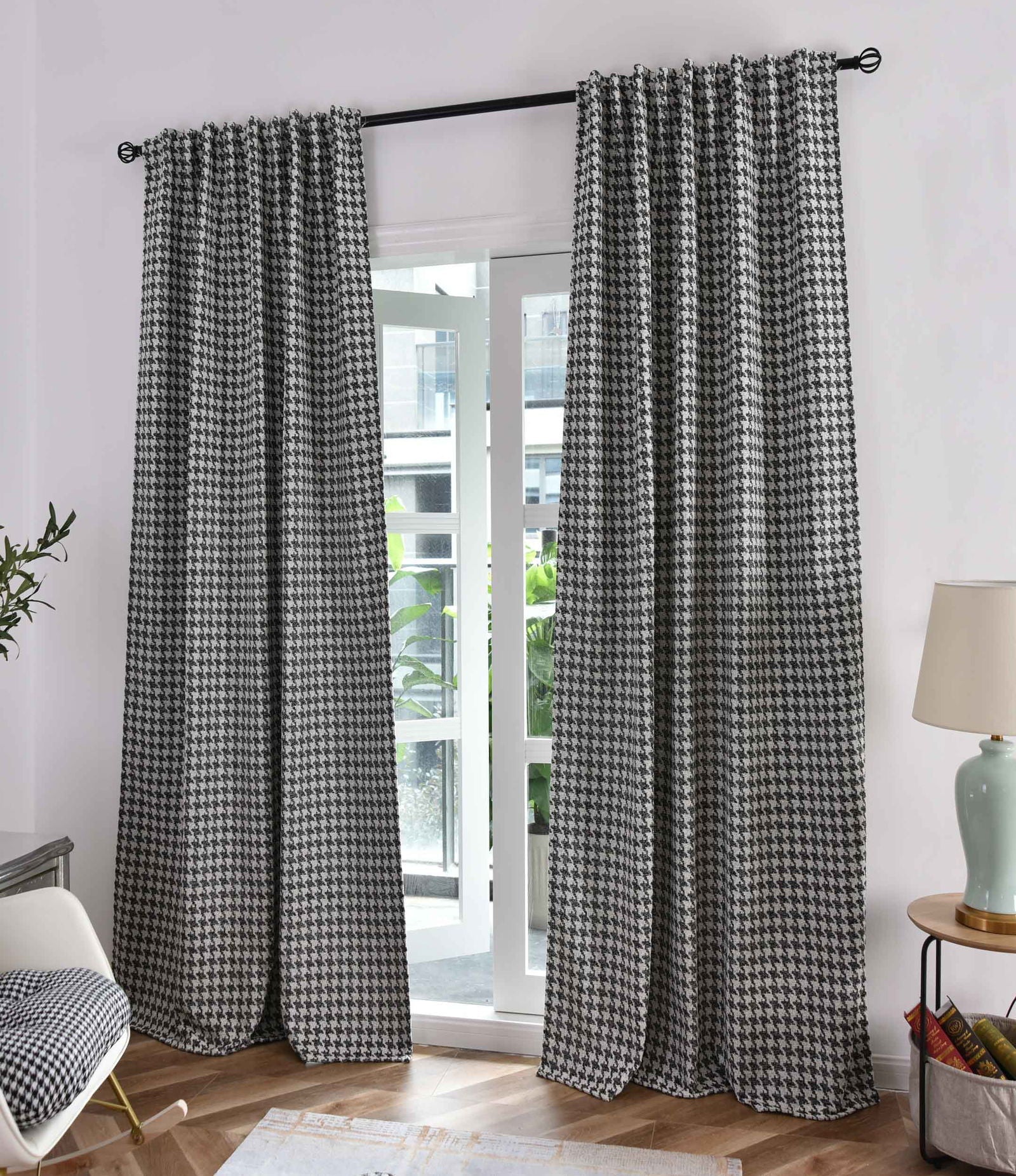 2er Set Vorhänge HxB 245x140 cm Creme Schwarz Hahnentritt-Muster »PARIS« Flexible Multiband Aufhängung Elegant Pflegeleicht 2023320-2