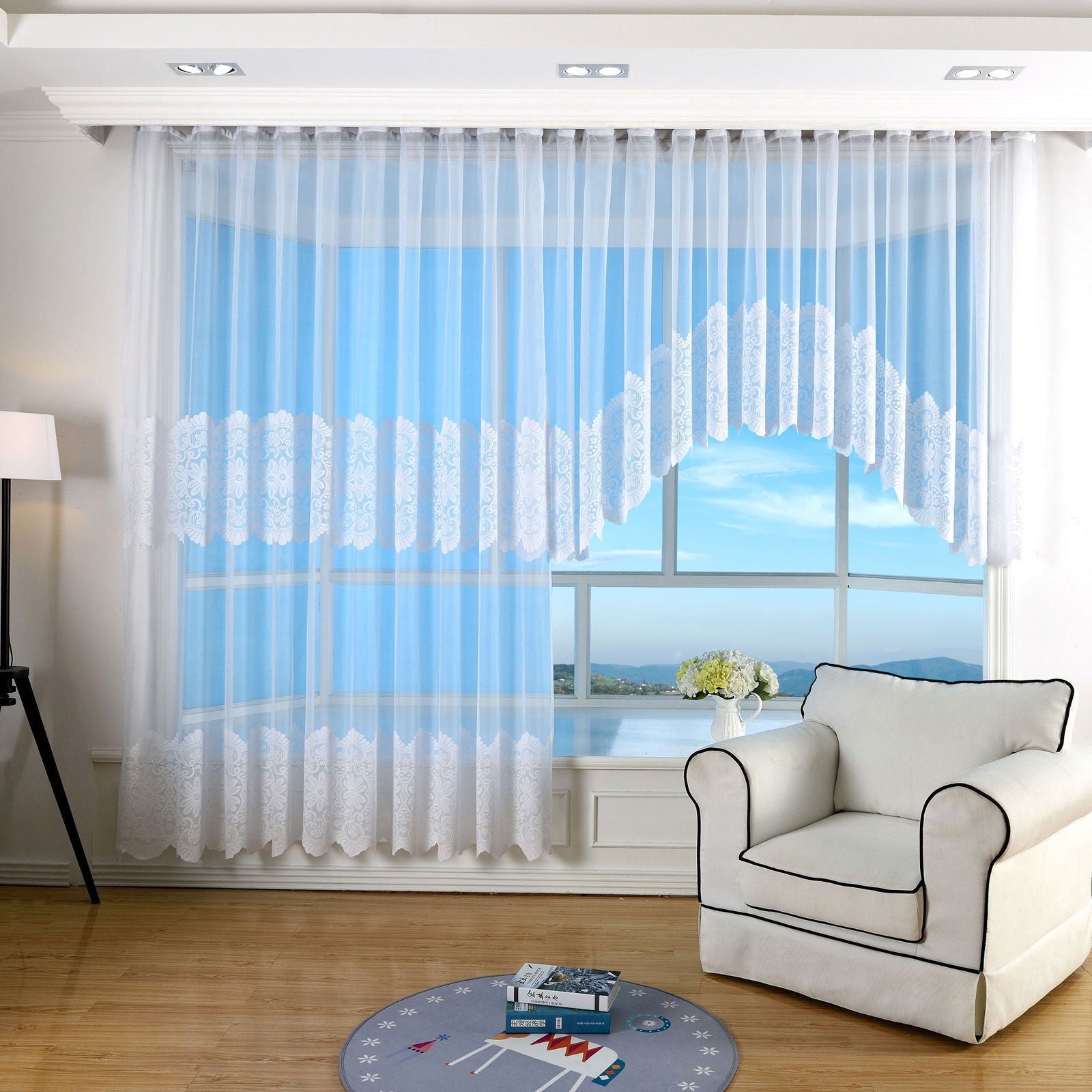 Bogenstore Barock Gardine Jacquard , Blumenmuster Weiß Kräuselband Universalband Faltenband Store 13117