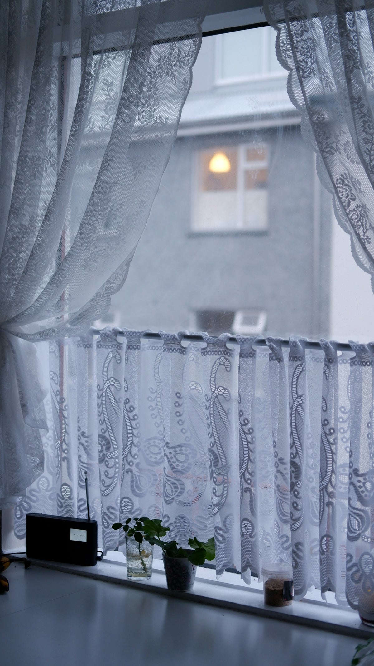 a window with a curtain and a potted plant in front of it