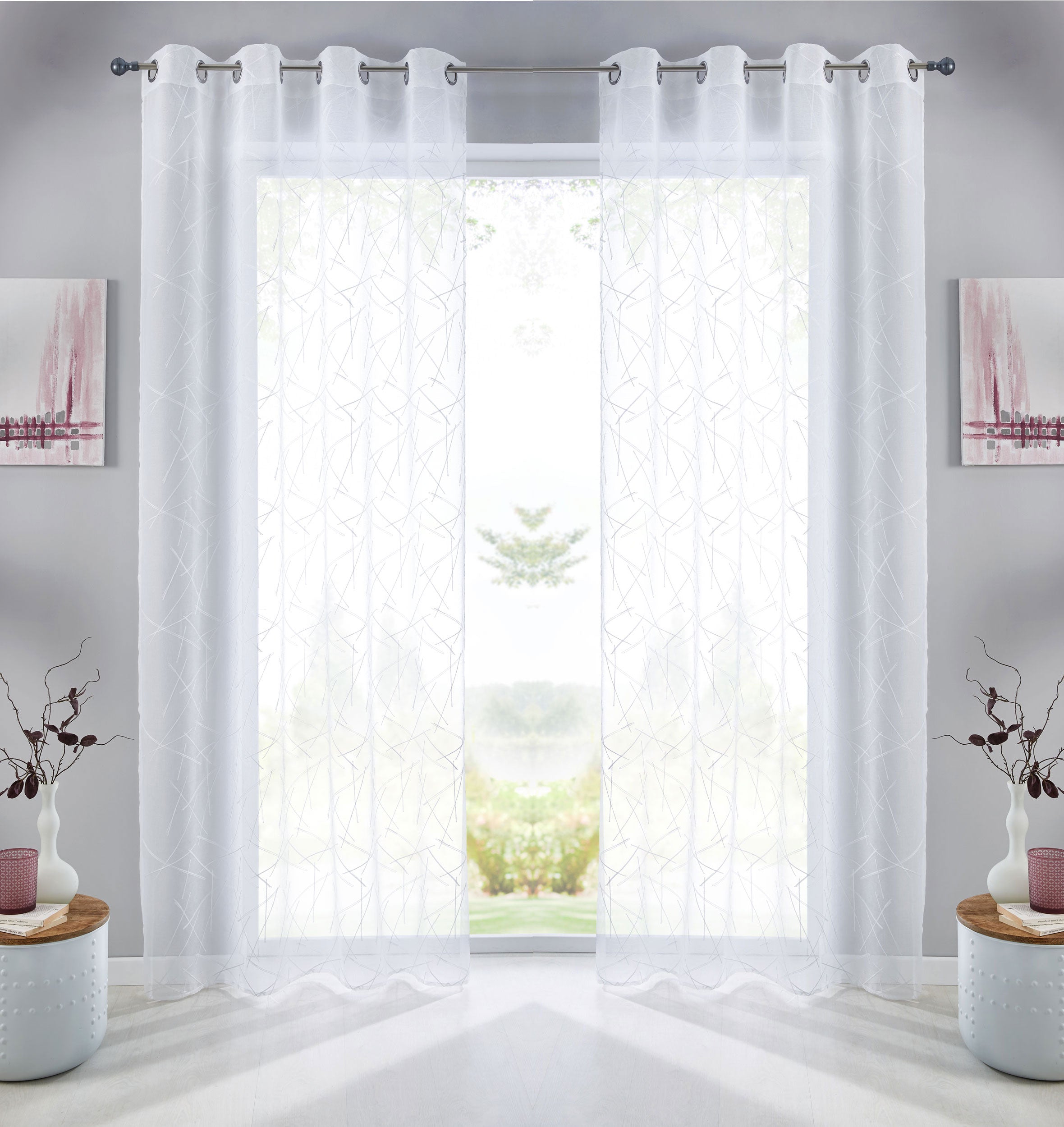 Gardine Ösen Schal Vorhang POMPEI Relief Stickerei Transparent Raffhalter 10000178 Linie Weiß 2er-Pack HxB 245x140 cm Gardinenschal 10000178linie_weiss-2 | Gardinenbox.de