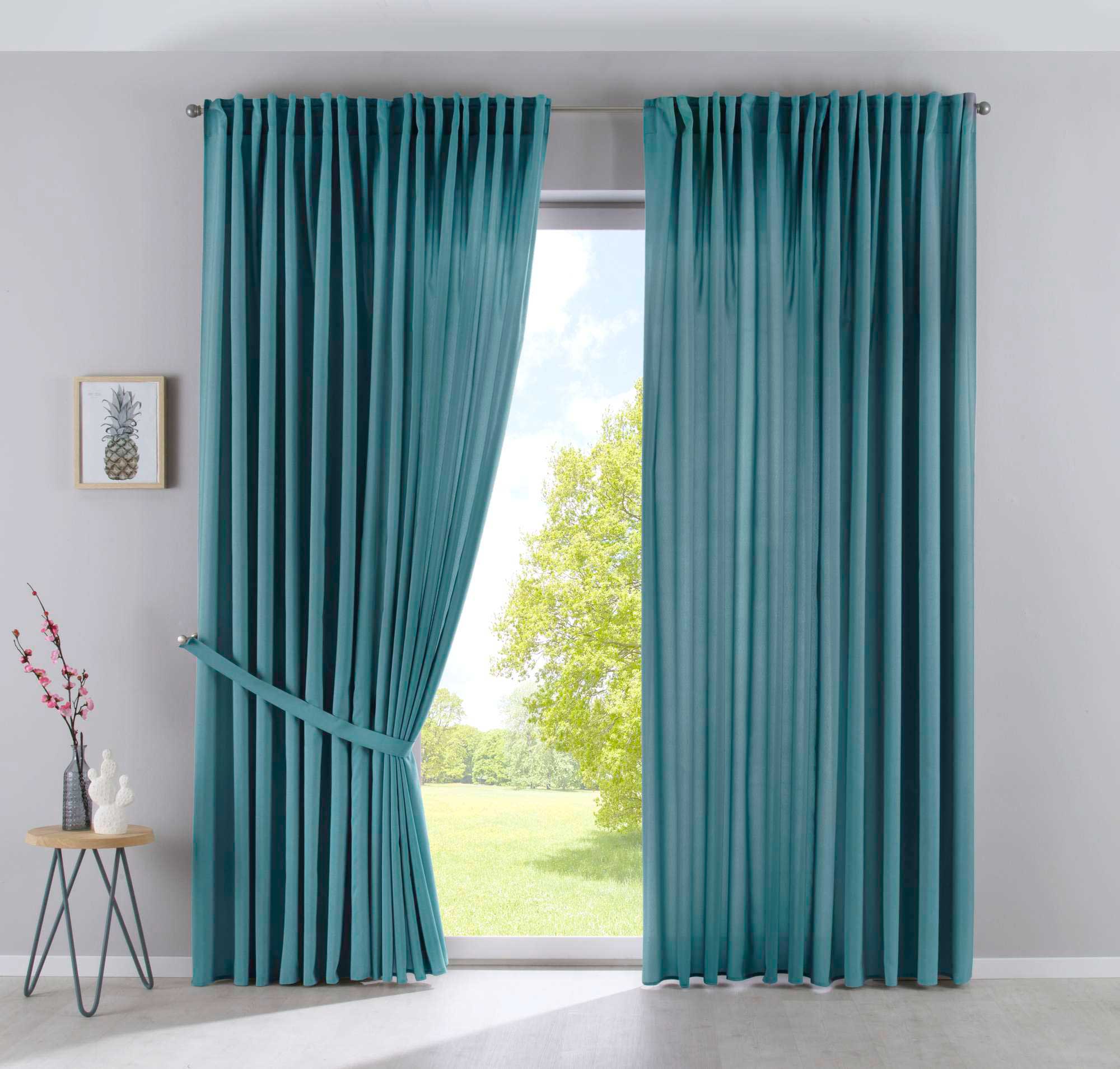 2er Set Vorhänge Verdeckte Schlaufen Cationic »JENA« Blickdicht Leinen Optik Gardinen Meliert Gardinenband mit Raffhalter 2019037-2 Smaragd Grün HxB 250x300 cm Vorhang Set 2019037-2smaragd_gruen-breit | Gardinenbox.de