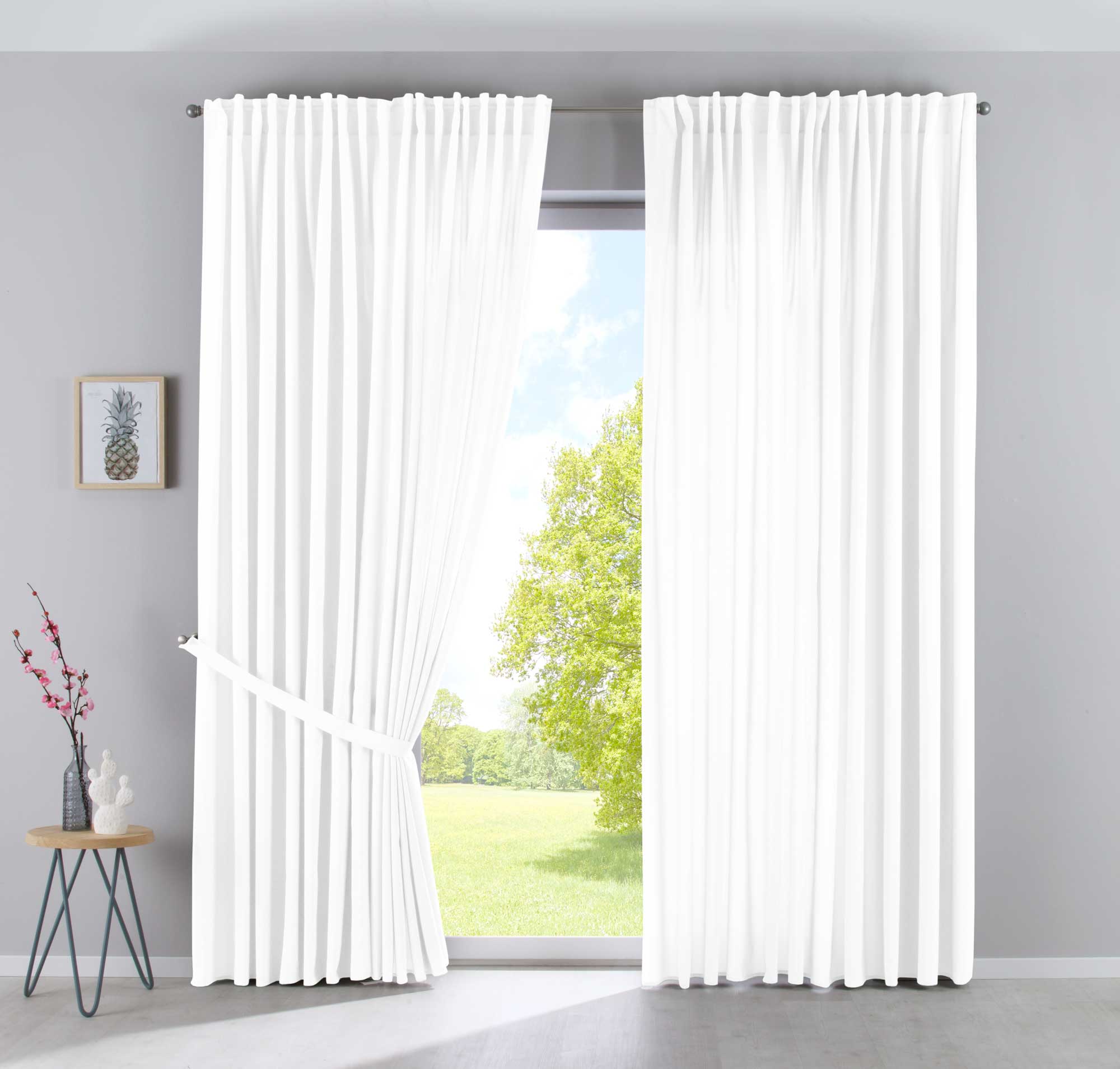 2er Set Vorhänge Verdeckte Schlaufen Cationic »JENA« Blickdicht Leinen Optik Gardinen Meliert Gardinenband mit Raffhalter 2019037-2 Weiß HxB 250x300 cm Vorhang Set 2019037-2weiss-breit | Gardinenbox.de