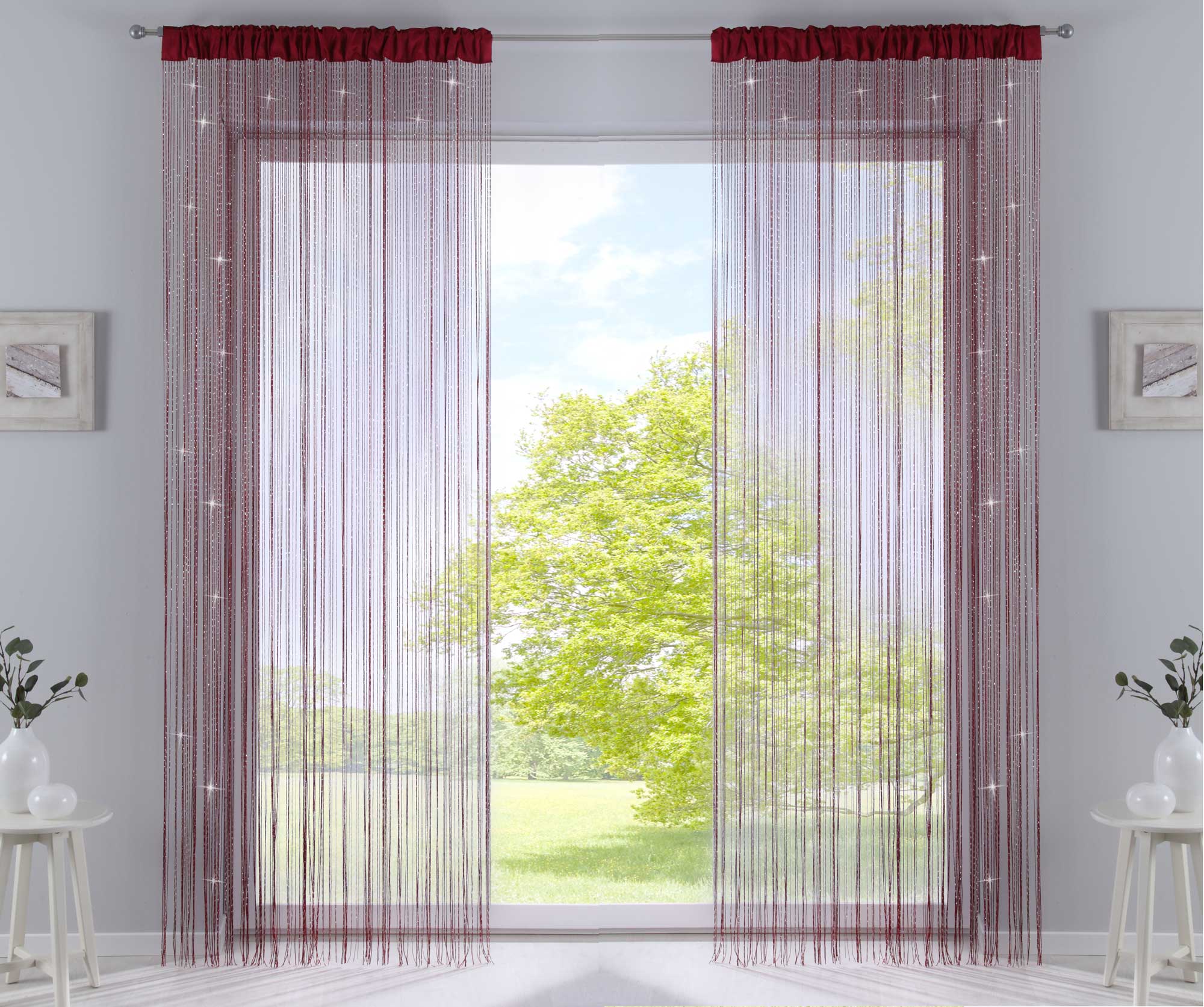 2er Set Fadengardine mit Tunneldurchzug und eingenähtem Kräuselband, geeignet für Gardinenstangen und Gardinenschienen Fadenvorhänge Fadenstores Raumteiler 20303CN2 Bordeaux Lurex HxB 250x140 cm Fadengardine 20303CN2bordeaux_lurex_44c0e835-cfe5-4e36-9d78-7fa29a6c8826 | Gardinenbox.de