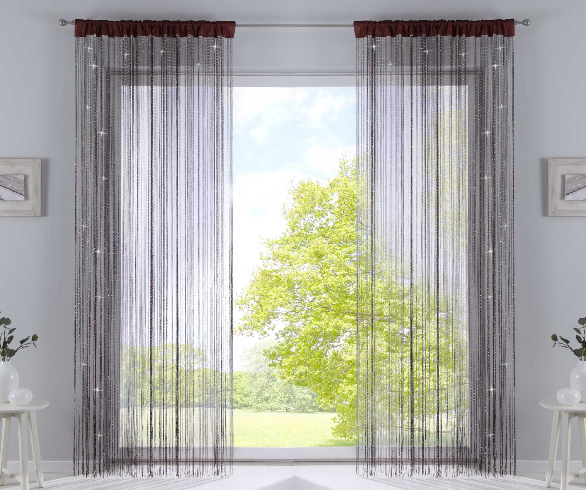 2er Set Fadengardine mit Tunneldurchzug und eingenähtem Kräuselband, geeignet für Gardinenstangen und Gardinenschienen Fadenvorhänge Fadenstores Raumteiler 20303CN2 Braun Lurex HxB 250x140 cm Fadengardine 20303CN2braun_lurex_d7366d3c-27c3-46b6-9474-0197cfdc2764 | Gardinenbox.de