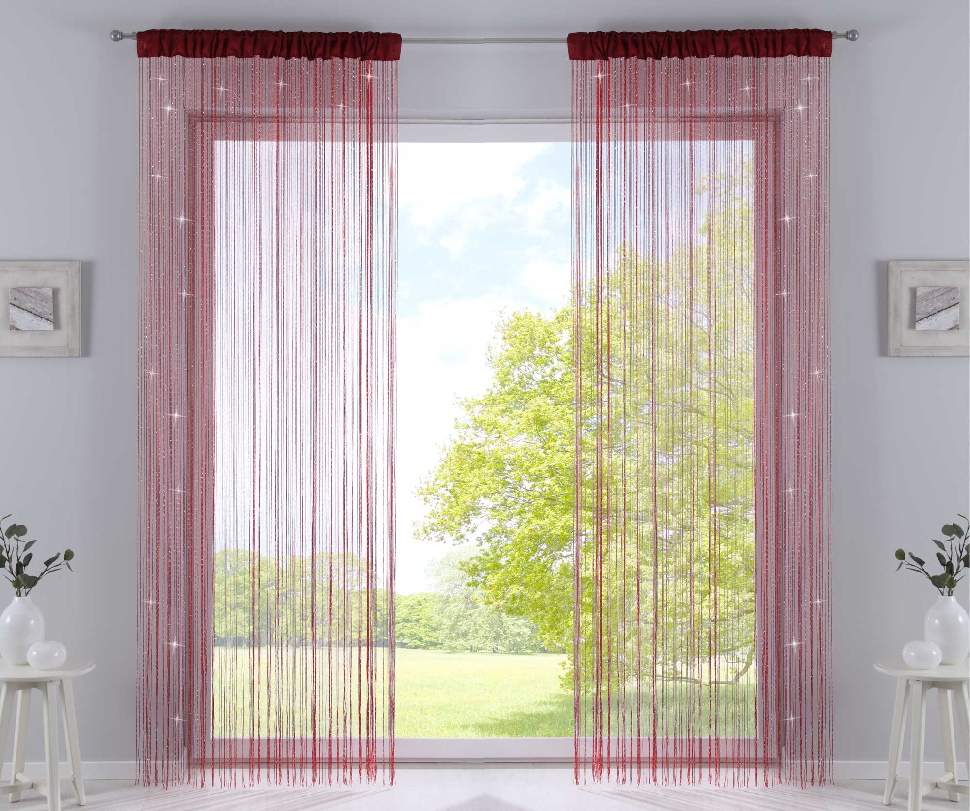 2er Set Fadengardine mit Tunneldurchzug und eingenähtem Kräuselband, geeignet für Gardinenstangen und Gardinenschienen Fadenvorhänge Fadenstores Raumteiler 20303CN2 Fadengardine 20303CN2rot_lurex | Gardinenbox.de