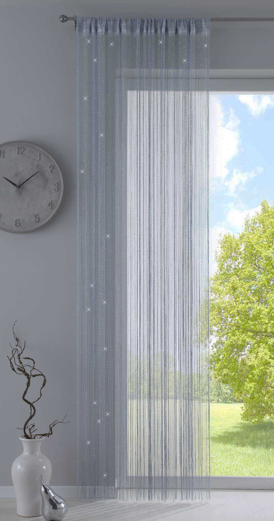 Fadengardine mit Tunneldurchzug und eingenähtem Kräuselband, geeignet für Gardinenstangen und Gardinenschienen Fadenvorhang Fadenstore Raumteiler 20303CN Grau Lurex HxB 250x140 cm Fadengardine 20303CNgrau_lurex_708c3b3c-ba11-4457-b000-9cb89591d3b7 | Gardinenbox.de