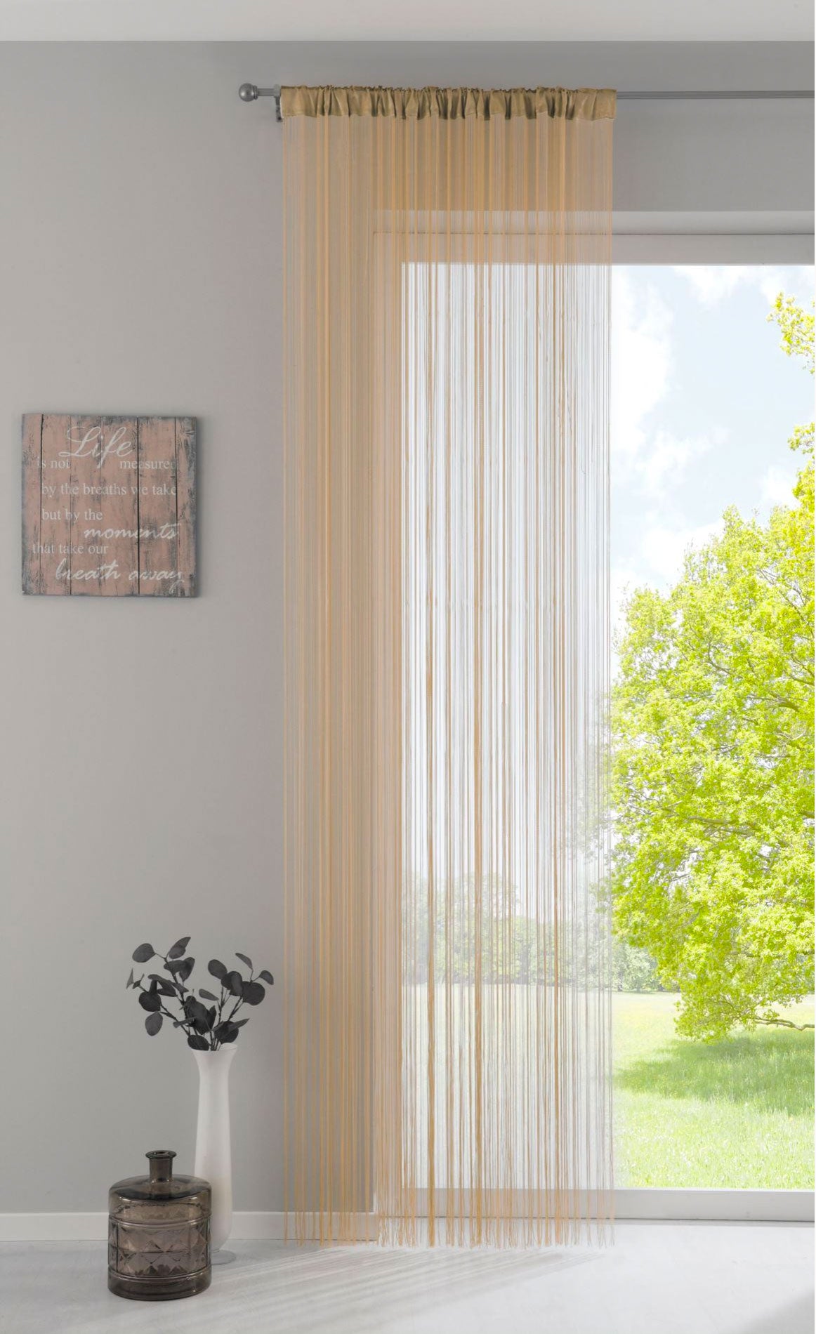 Fadengardine mit Tunneldurchzug und eingenähtem Kräuselband, geeignet für Gardinenstangen und Gardinenschienen Fadenvorhang Fadenstore Raumteiler 20303CN Sand HxB 250x140 cm Fadengardine 20303CNsand_899344a3-43d2-444f-8cda-fdde4c40255a | Gardinenbox.de