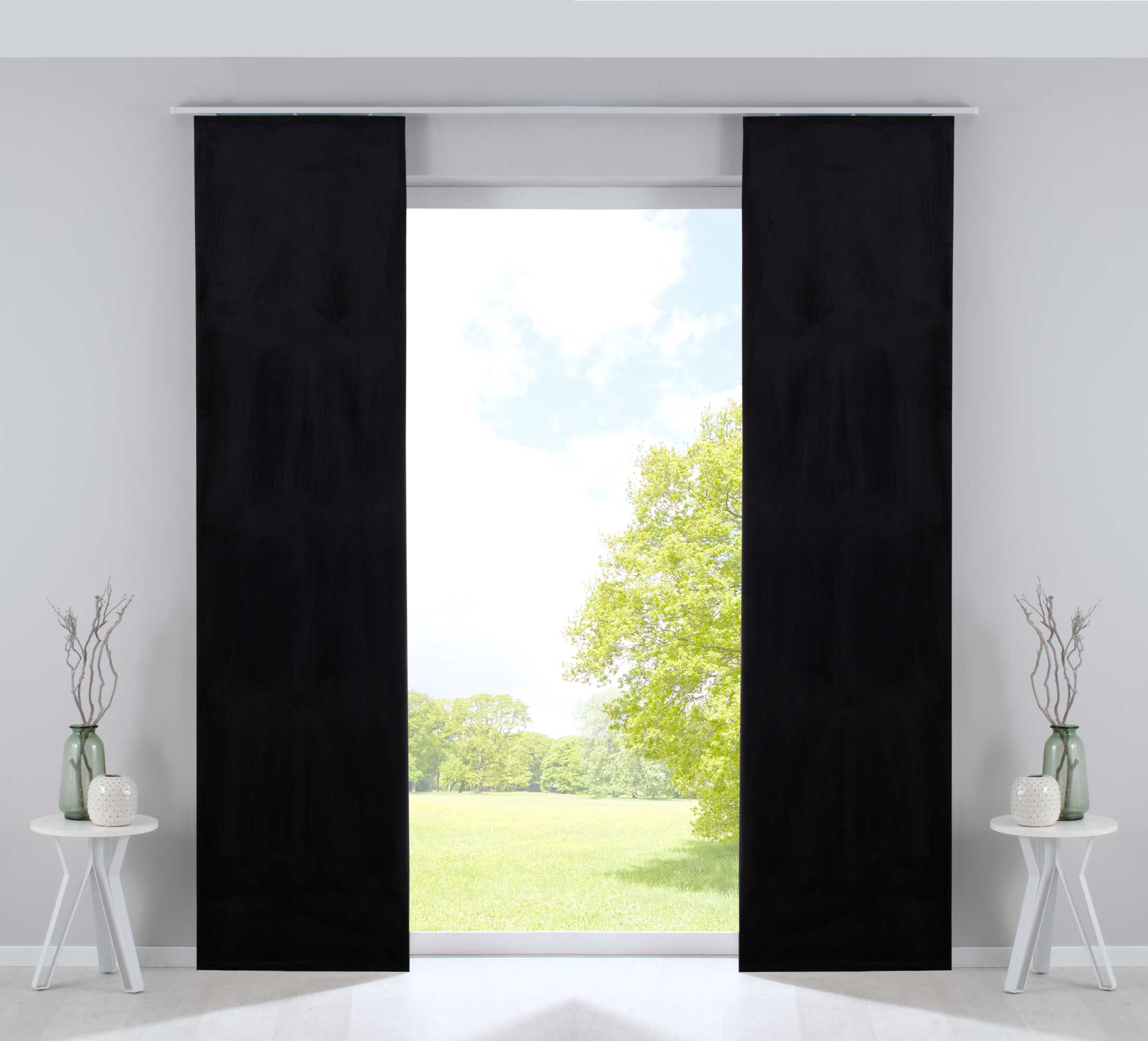 2er Set Flächenvorhänge Verdunkelung Schiebegardinen »Milano« Samt blickdicht Blackout Alu Paneelwägen Beschwerungsstangen 203571-2-alu Schwarz Schiebegardine 203571-2-aluschwarz | Gardinenbox.de
