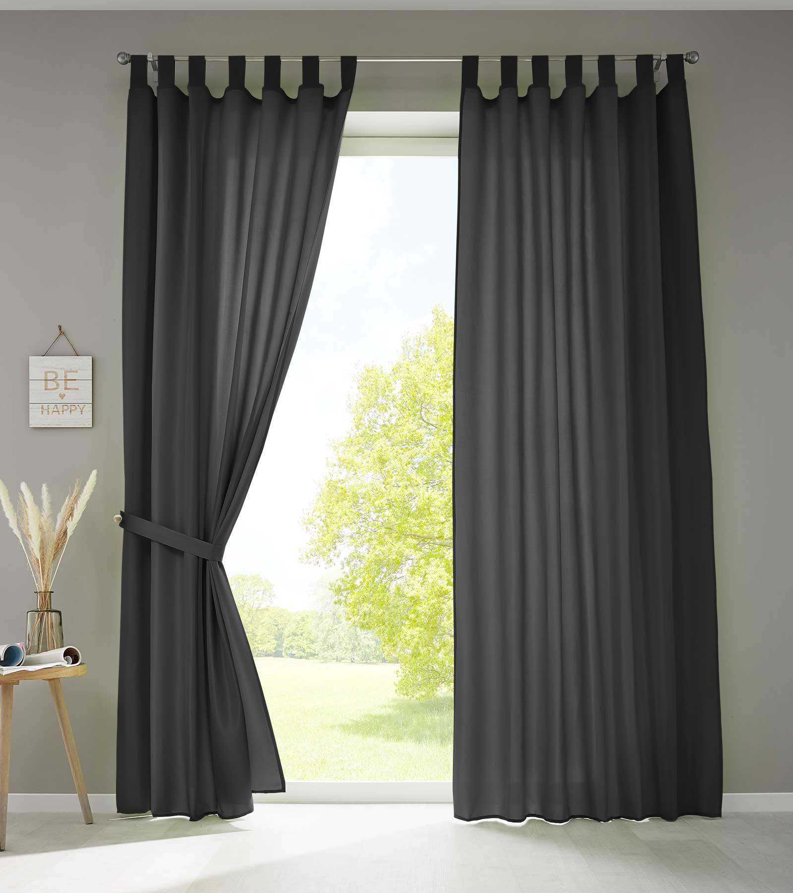2er Set Vorhänge Schal Schlaufen »Berlin« Microsatin Lichtdurchlässig Kräuselband Uni Matt 20400N2 Schwarz HxB 245x140 cm Vorhang 20400N2schwarz | Gardinenbox.de