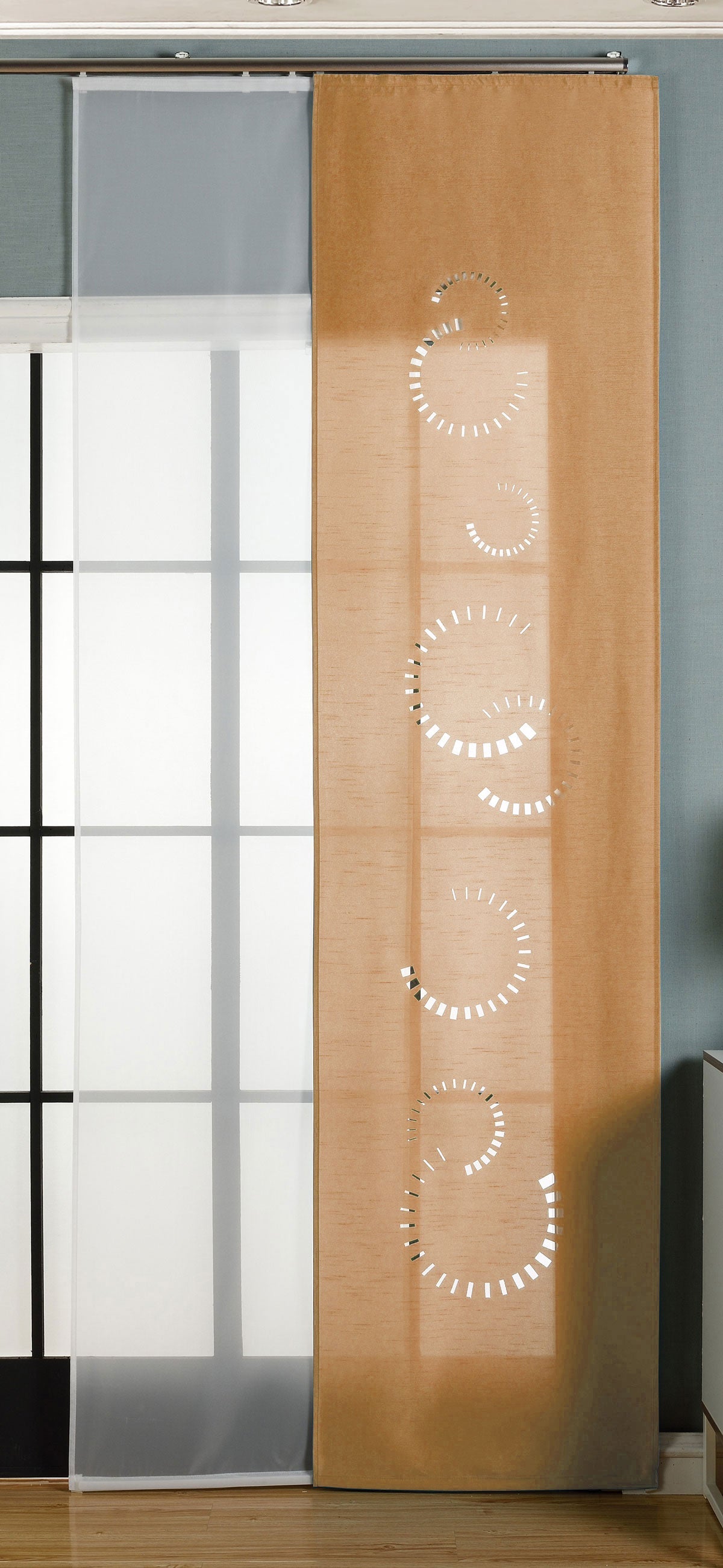 2er-Pack Schiebegardine Flächenvorhang Avila Lasercut Wildseide Optik Voile  cm (HxB) inkl. Paneelwagen und Beschwerungsstangen 165610 - Gardinenbox.de - 