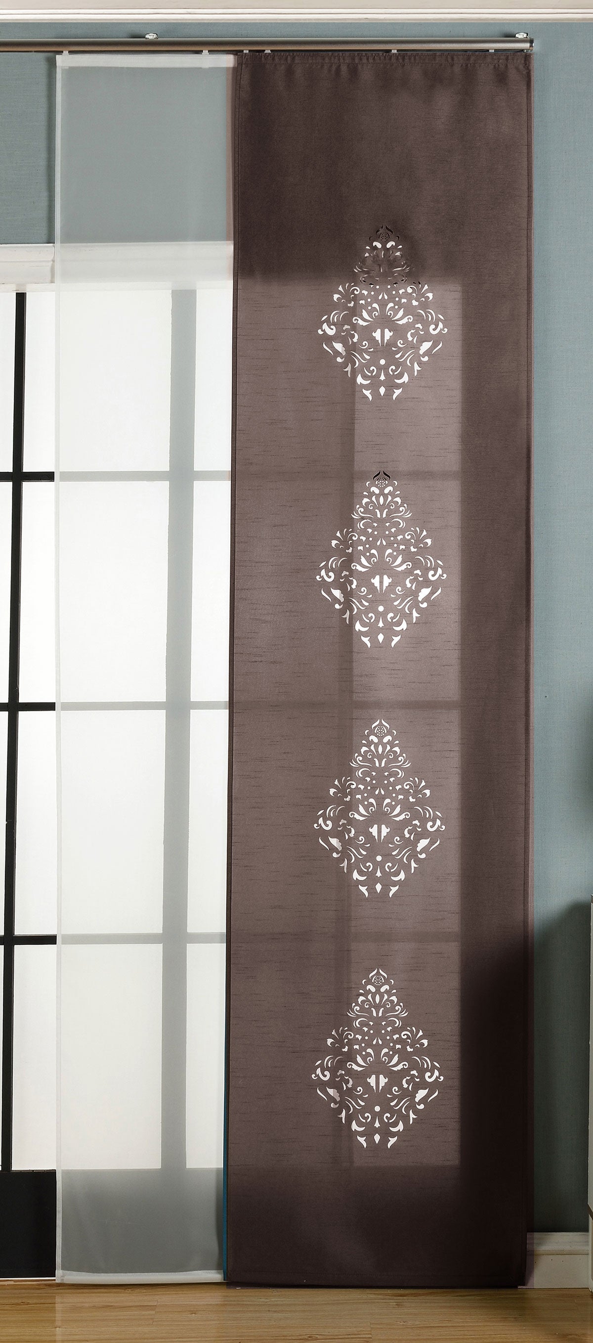 2er-Pack Schiebegardine Flächenvorhang Nantes Lasercut Wildseide Optik Voile cm (HxB) inkl. Paneelwagen und Beschwerungsstangen 165650 Braun Schiebegardine 2er-Pack_Schiebegardine_Flachenvorhang_Nantes_Lasercut_Wildseide_Optik_Voile_cm_HxB_inkl._Paneelwagen_und_Beschwerungsstangen_165650_-_Gardinenbox.de_-_-3675038 | Gardinenbox.de