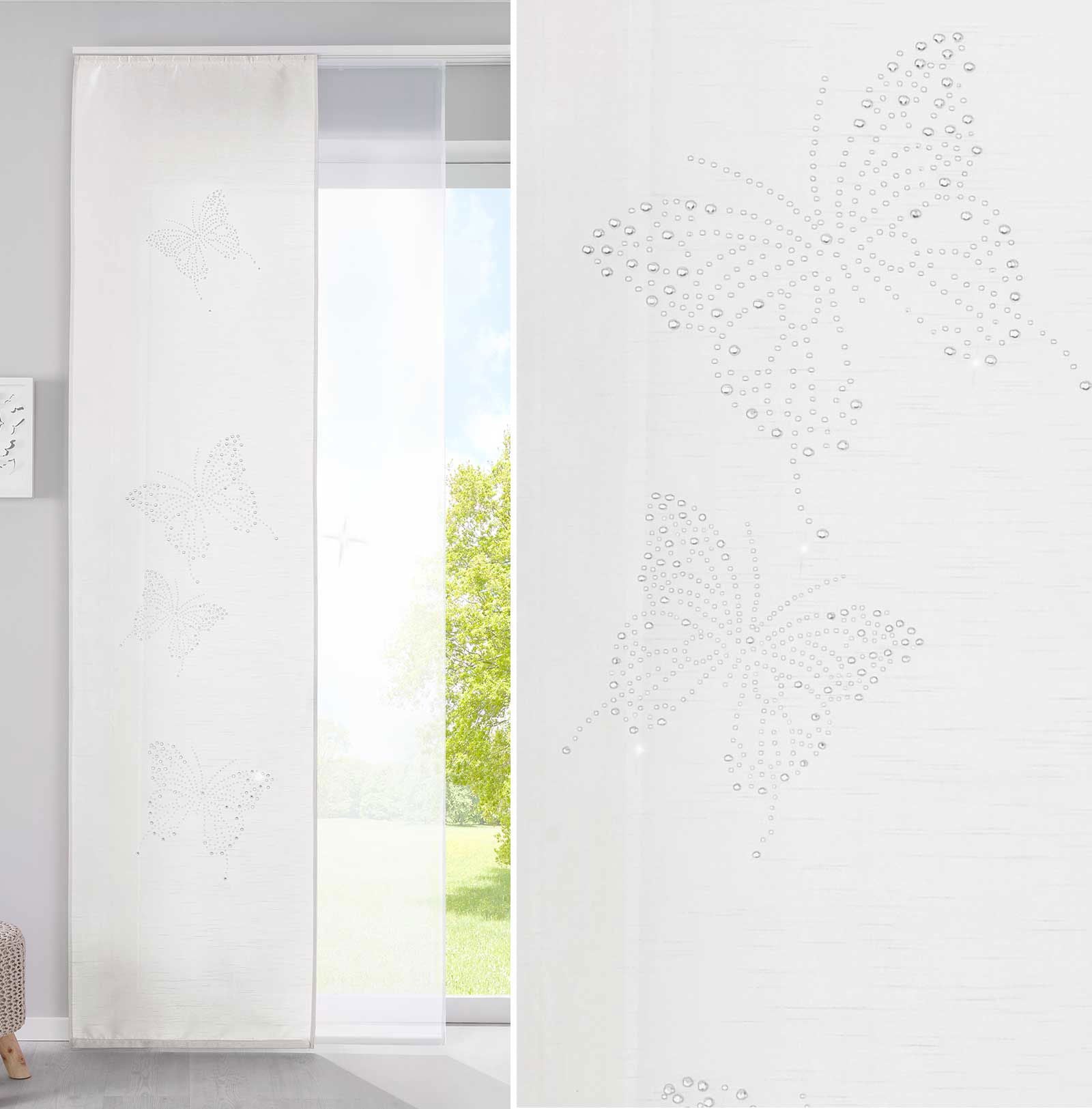 2er Set Schiebegardinen Flächenvorhänge Butterfly Strass Vorhänge Gardinen mit Paneelwagen Beschwerungsstangen 85626N Weiß Schiebegardine 2er_Set_Schiebegardinen_Flachenvorhange_Butterfly_Strass_Vorhange_Gardinen_mit_Paneelwagen_Beschwerungsstangen_85626N_-_Gardinenbox.de_-_-3672641 | Gardinenbox.de