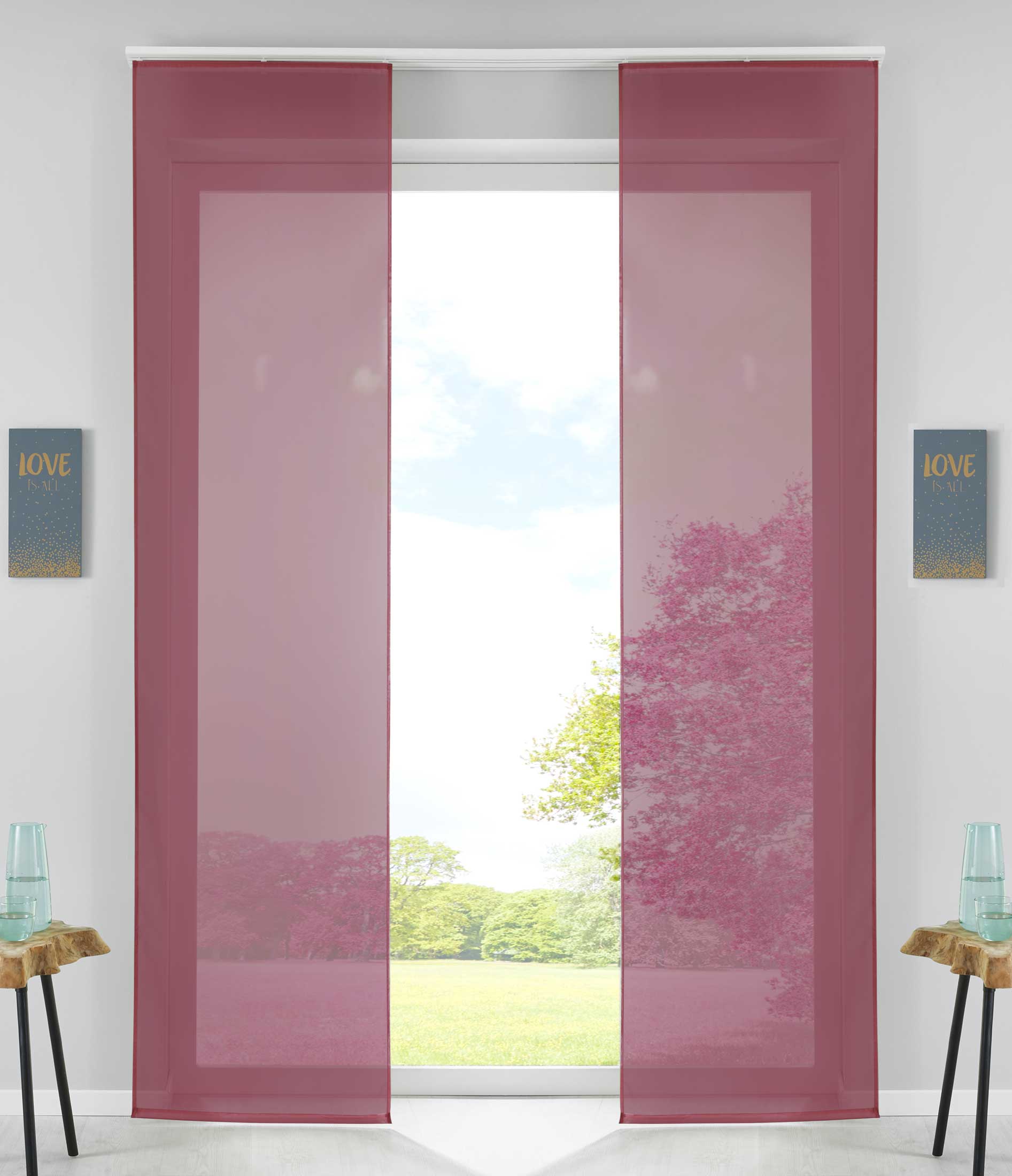 2er Set Schiebegardinen Flächenvorhänge Vorhang Gardine Schiebe Komplett mit Paneelwagen Beschwerungsstange 85589N2 Bordeaux Schiebegardine 85589N2bordeaux | Gardinenbox.de