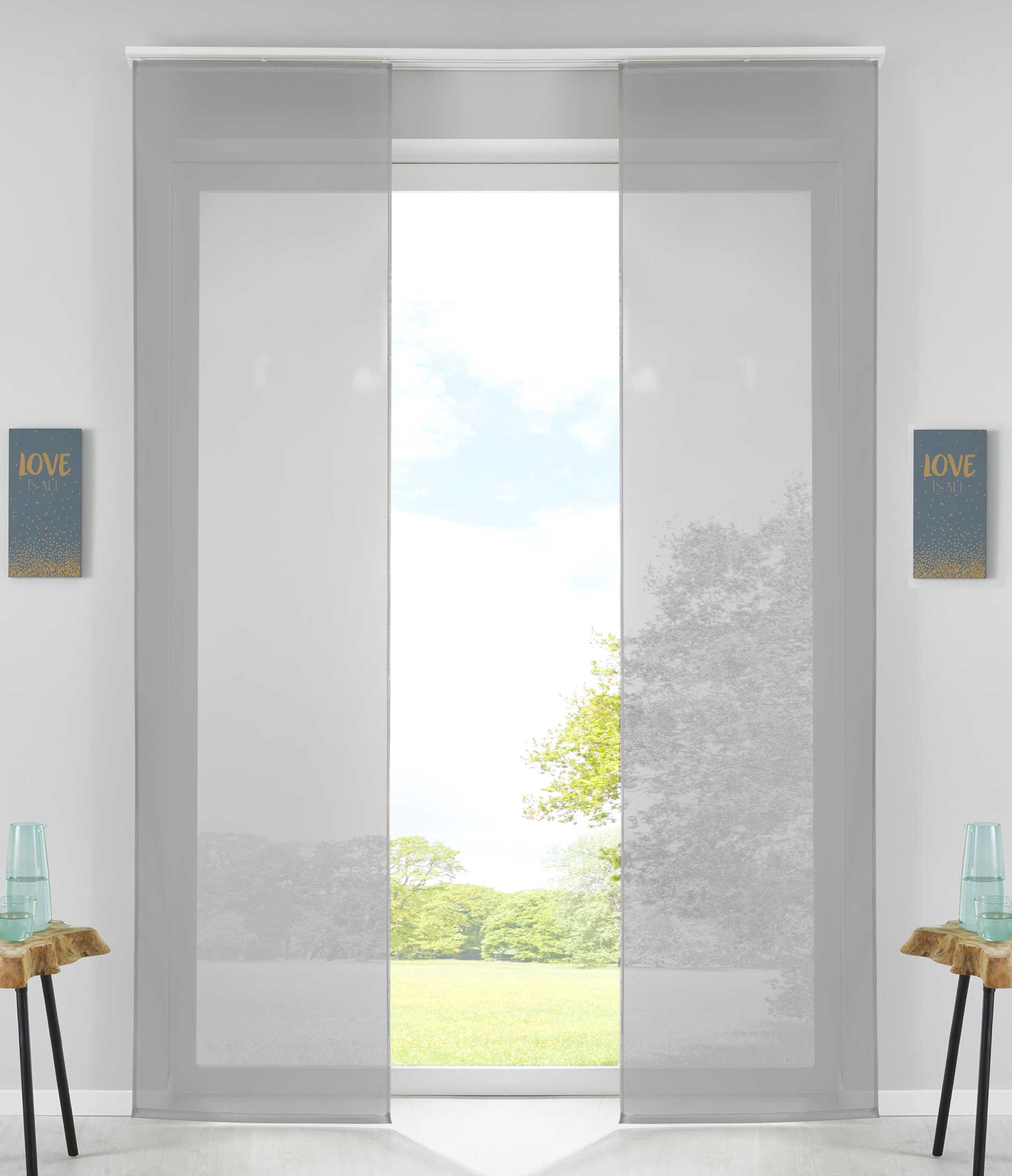 2er Set Schiebegardinen Flächenvorhänge Vorhang Gardine Schiebe Komplett mit Paneelwagen Beschwerungsstange 85589N2 Grau Schiebegardine 85589N2grau | Gardinenbox.de