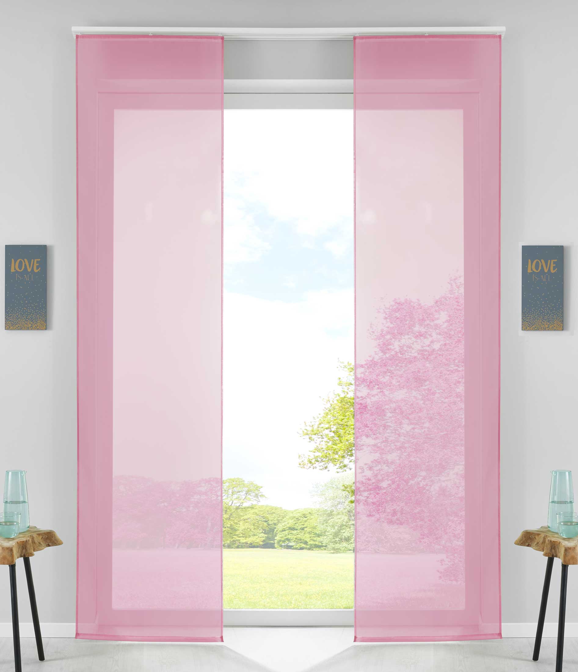 2er Set Schiebegardinen Flächenvorhänge Vorhang Gardine Schiebe Komplett mit Paneelwagen Beschwerungsstange 85589N2 Rosa Schiebegardine 85589N2rosa | Gardinenbox.de