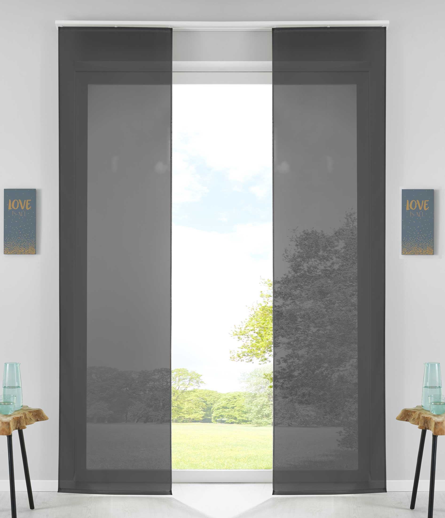 2er Set Schiebegardinen Flächenvorhänge Vorhang Gardine Schiebe Komplett mit Paneelwagen Beschwerungsstange 85589N2 Schwarz Schiebegardine 85589N2schwarz | Gardinenbox.de