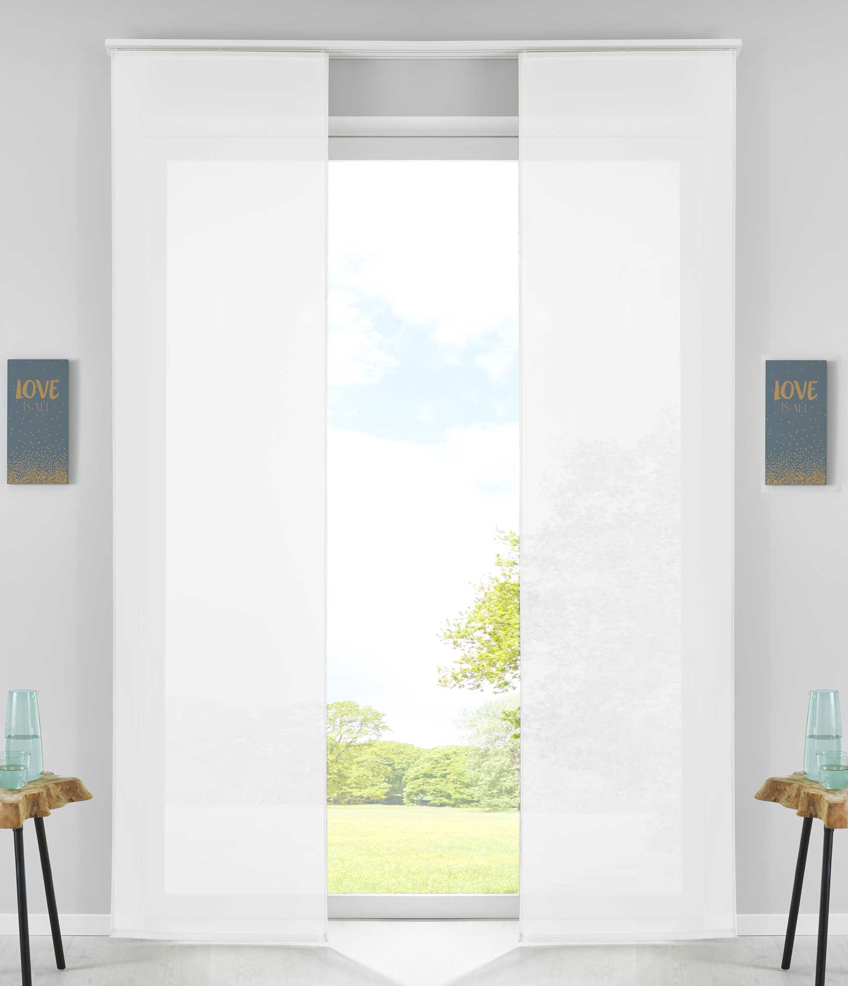 2er Set Schiebegardinen Flächenvorhänge Vorhang Gardine Schiebe Komplett mit Paneelwagen Beschwerungsstange 85589N2 Weiß Schiebegardine 85589N2weiss | Gardinenbox.de