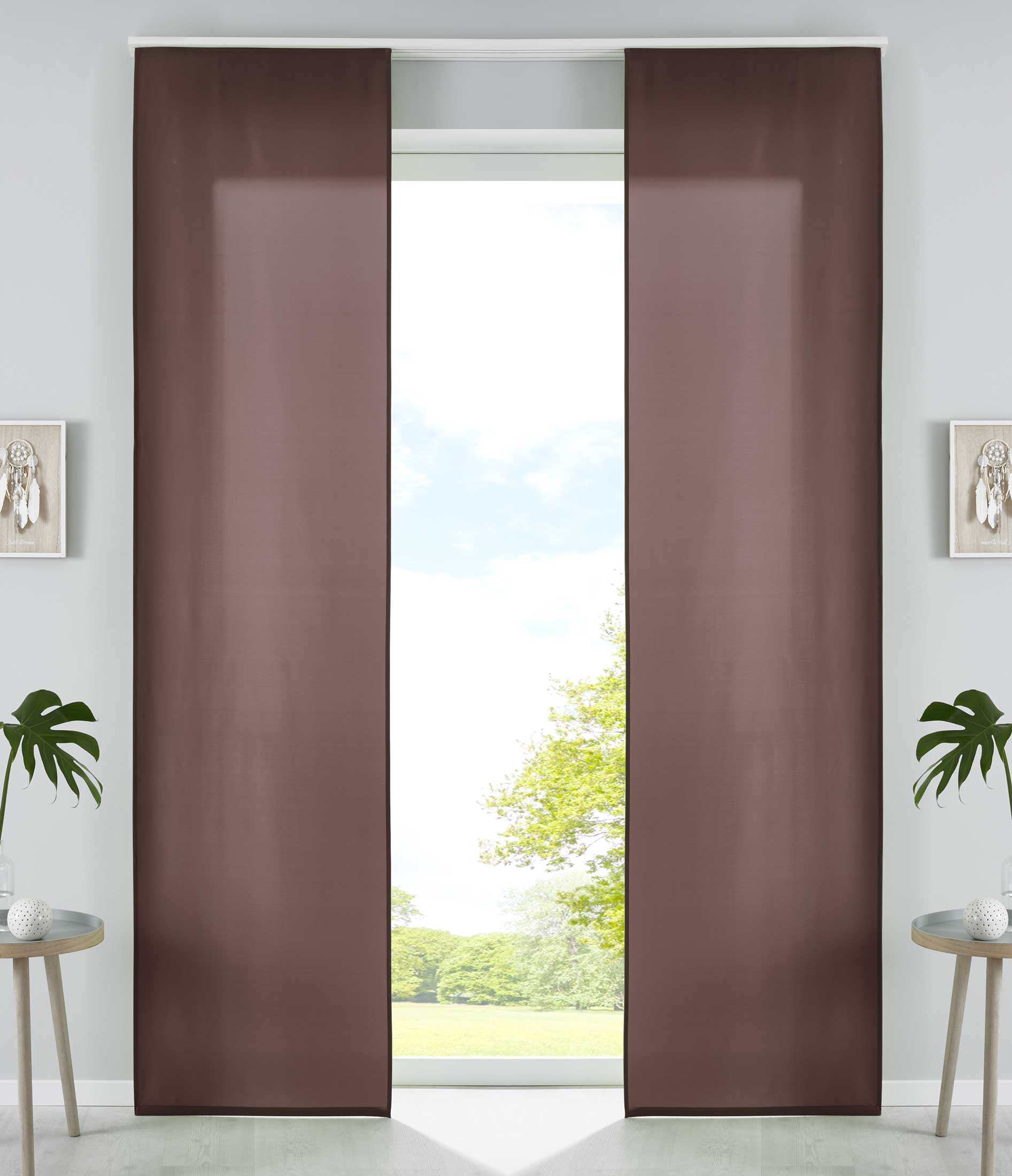 2er Set Schiebegardinen Flächenvorhänge Mikrofaser Vorhang Gardine Schiebe Matt Paneelwagen Beschwerungsstangen 85600N2 Braun Schiebegardine 85600N2braun | Gardinenbox.de