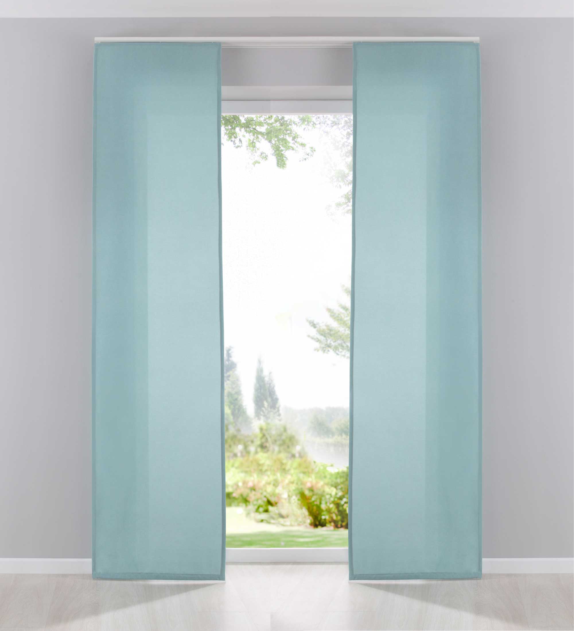 2er Pack Flächenvorhänge Schiebegardinen komplett Set Cationic blickdicht Leinen Optik natura seidenmatt Landhaus Stil 204411-2 Aqua Schiebegardine Fl_chenvorh_nge_aqua | Gardinenbox.de