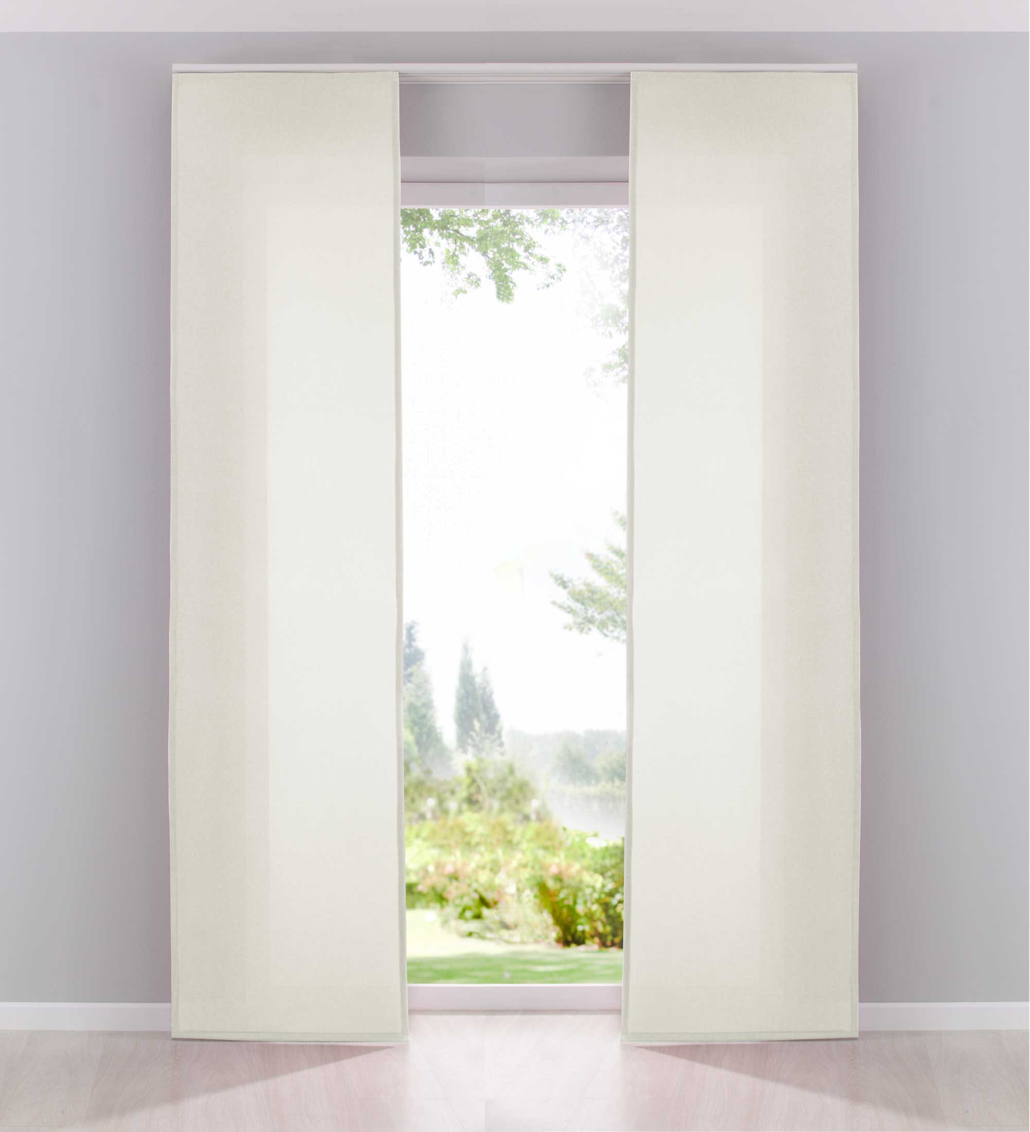 2er Pack Flächenvorhänge Schiebegardinen komplett Set Cationic blickdicht Leinen Optik natura seidenmatt Landhaus Stil 204411-2 Creme Schiebegardine Fl_chenvorh_nge_creme | Gardinenbox.de