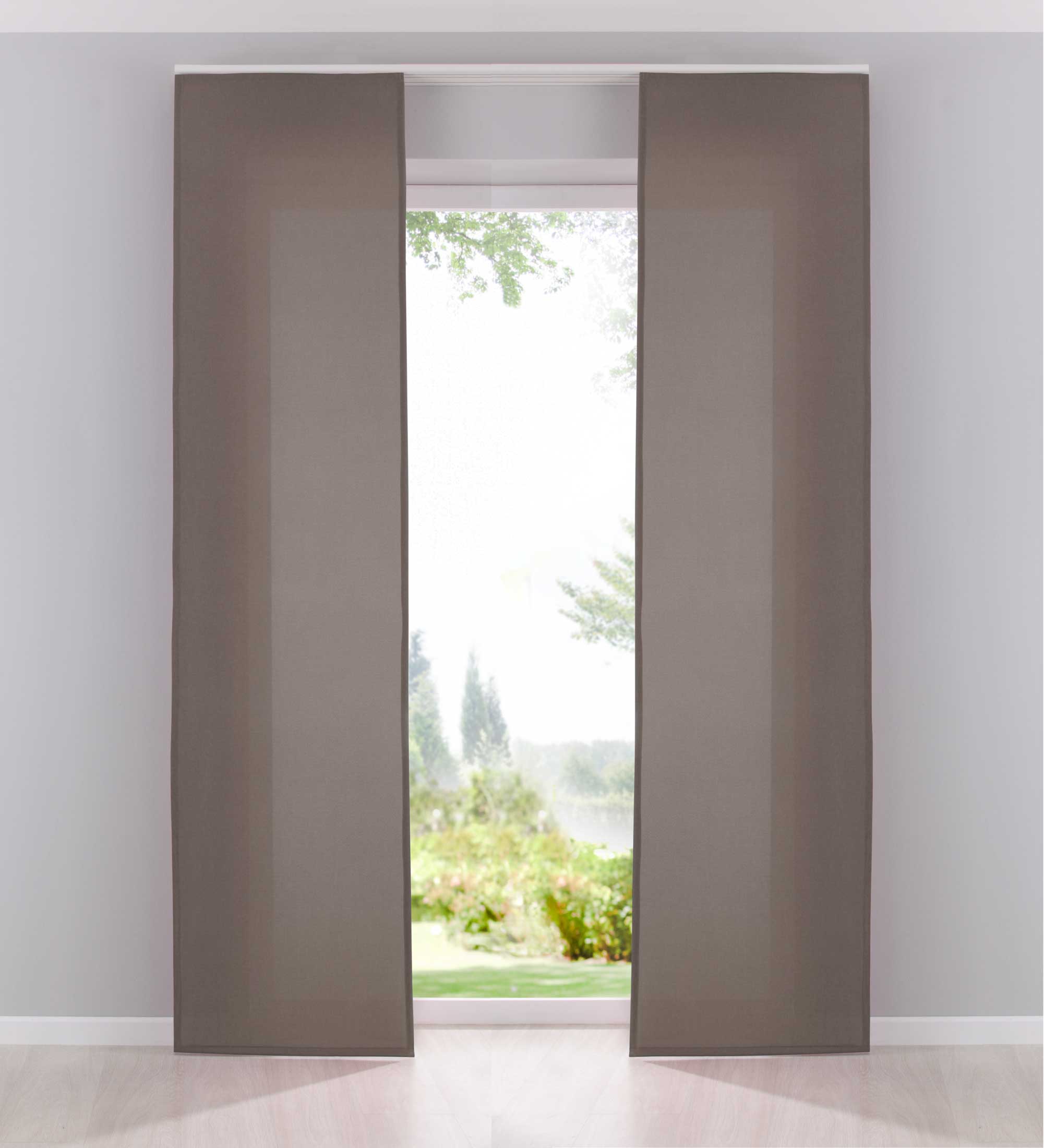 2er Pack Flächenvorhänge Schiebegardinen komplett Set Cationic blickdicht Leinen Optik natura seidenmatt Landhaus Stil 204411-2 Taupe Schiebegardine Fl_chenvorh_nge_taupe | Gardinenbox.de