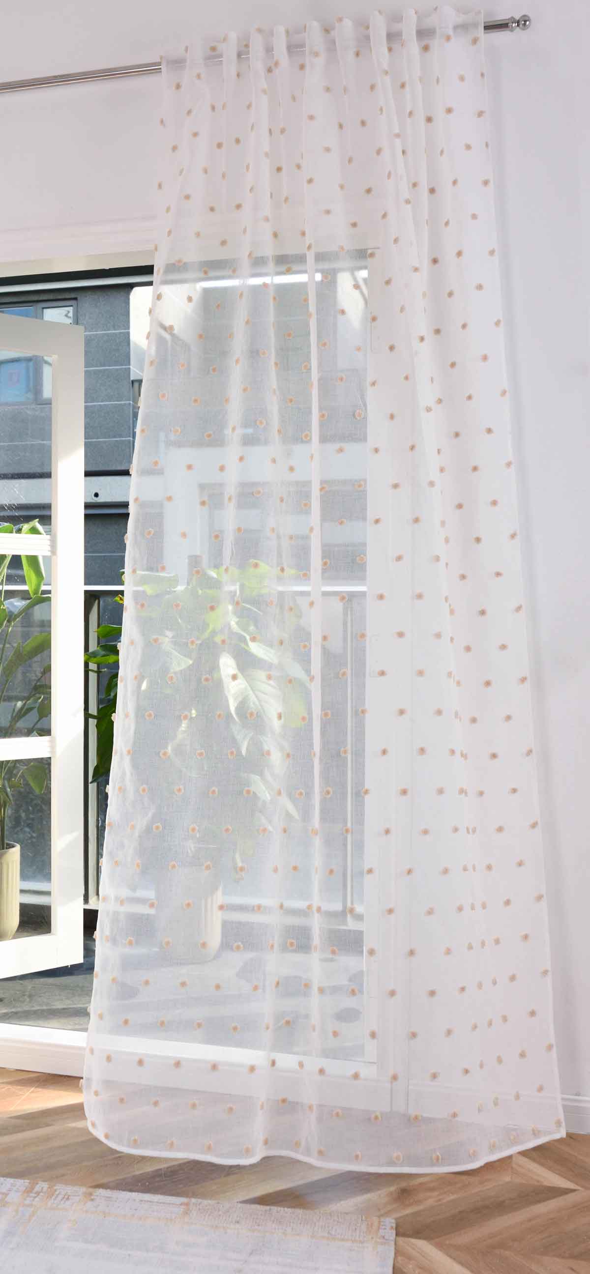 Gardine »Valencia« Taupe Pompom – Transparent, Leinen-Optik –