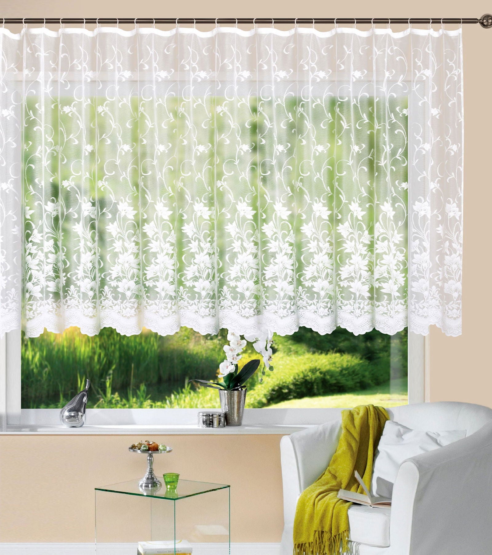 gardine store jacquard koblenz kräuselband universalband weiß blumenmuster  transparent voile vorhang wohnzimmer 13146
