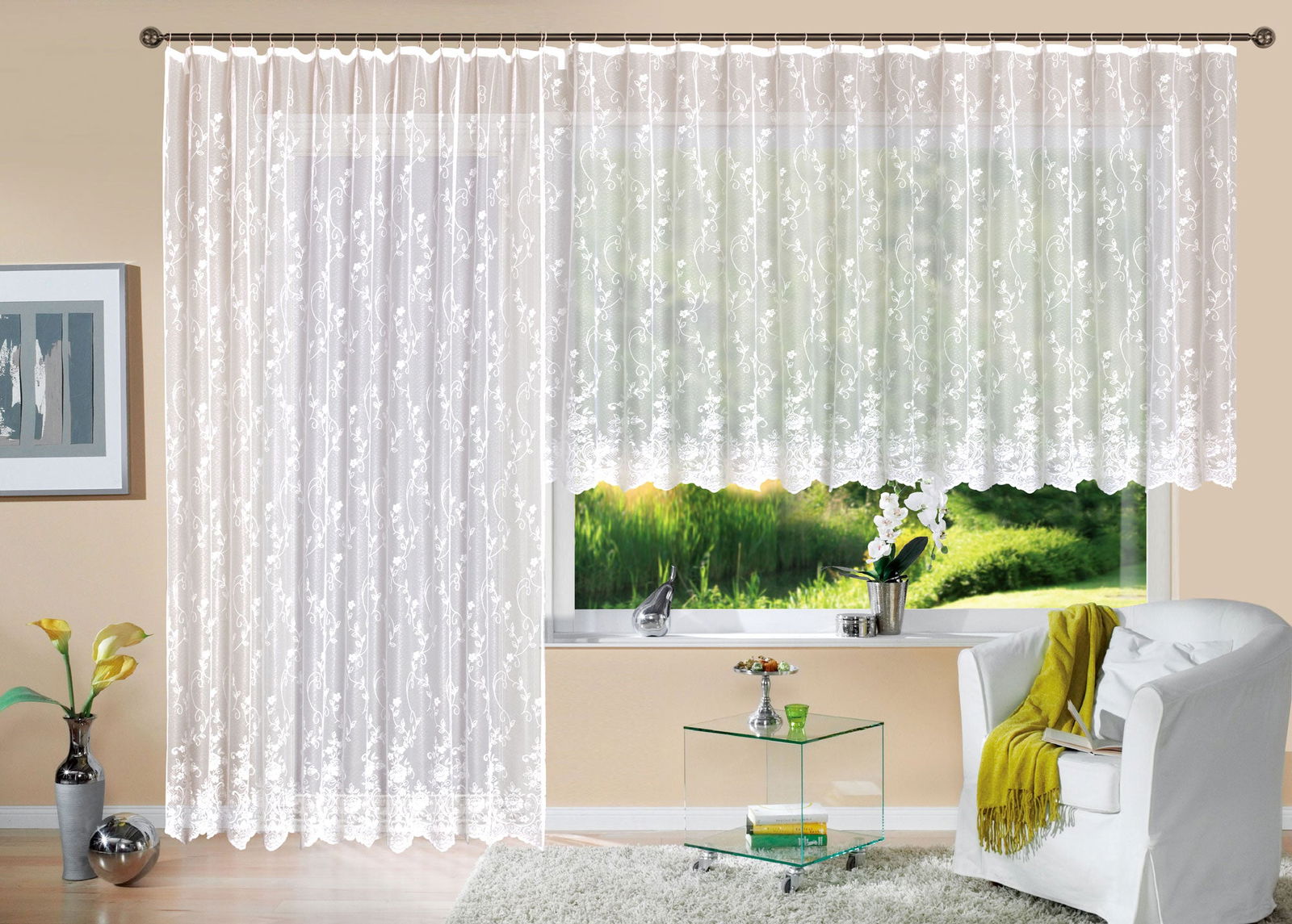 Gardine Store Jacquard Mainz  Kräuselband Universalband Weiß Blumenmuster Transparent Vorhang Wohnzimmer 13144 - Gardinenbox.de - 