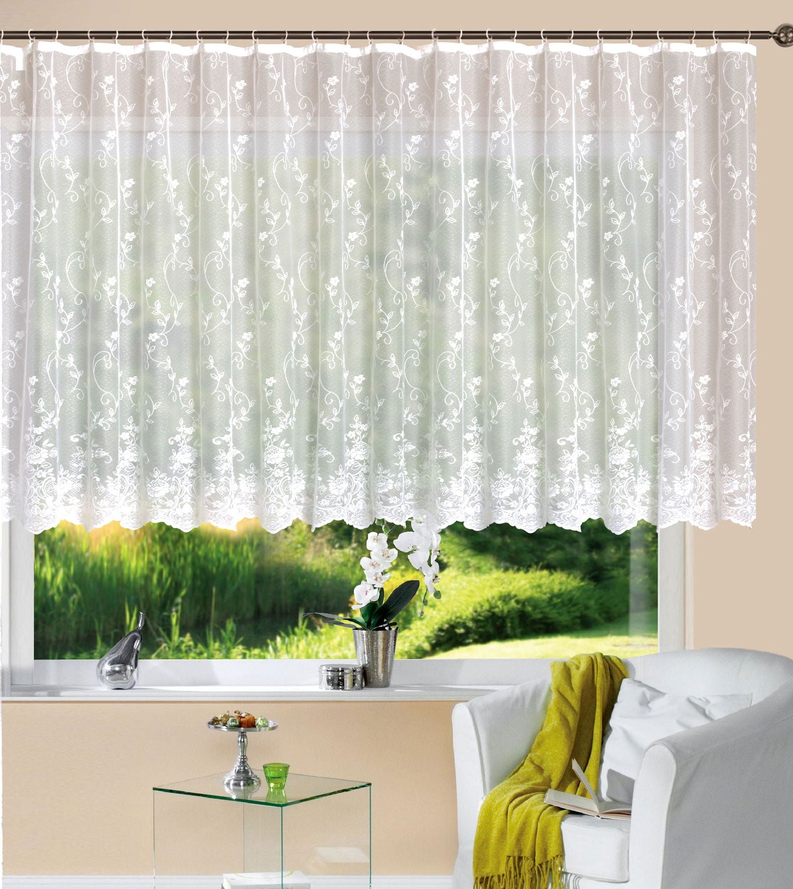 Gardine Store Jacquard Mainz  Kräuselband Universalband Weiß Blumenmuster Transparent Vorhang Wohnzimmer 13144 - Gardinenbox.de - 