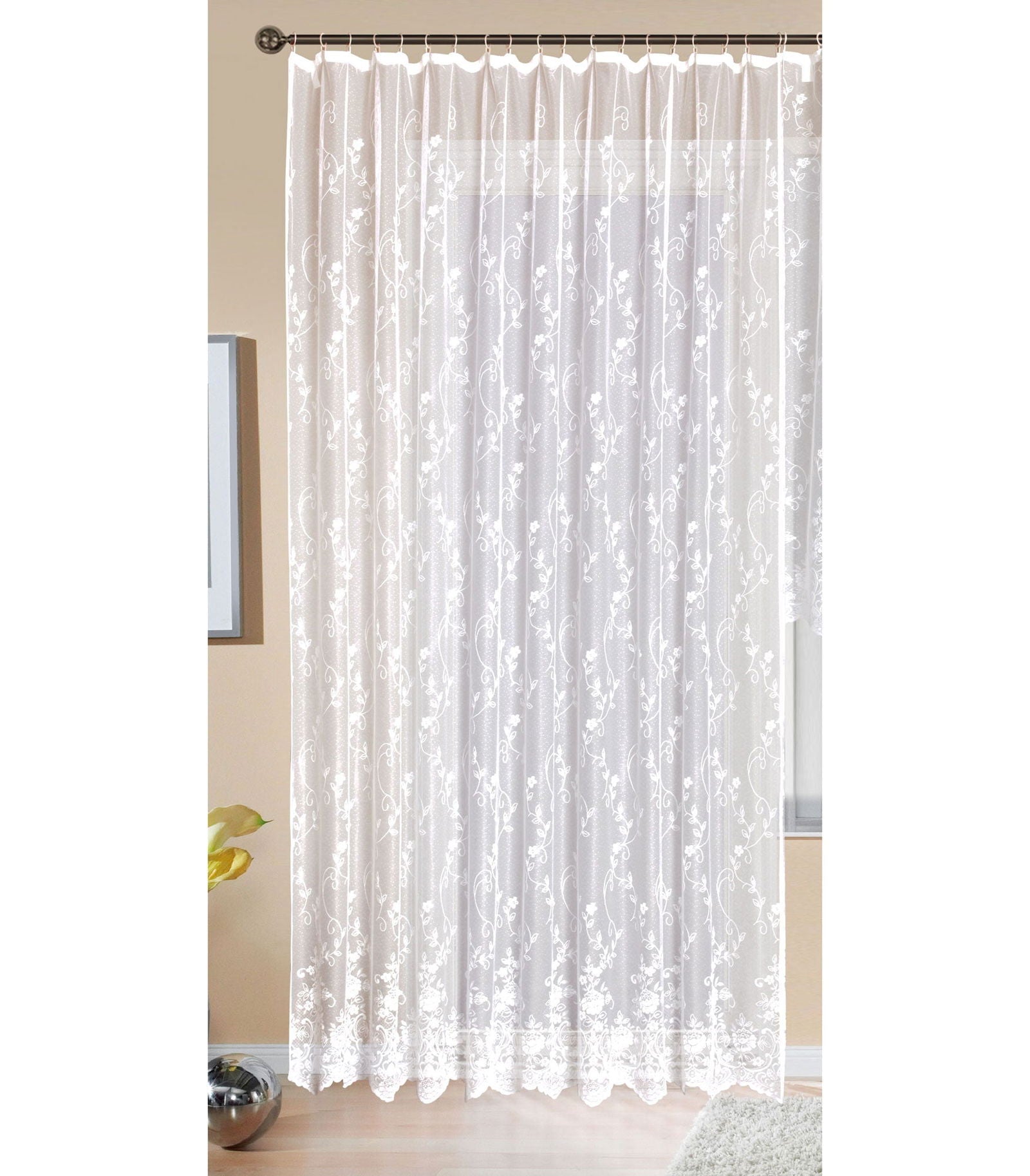 Gardine Store Jacquard Mainz  Kräuselband Universalband Weiß Blumenmuster Transparent Vorhang Wohnzimmer 13144 - Gardinenbox.de - 