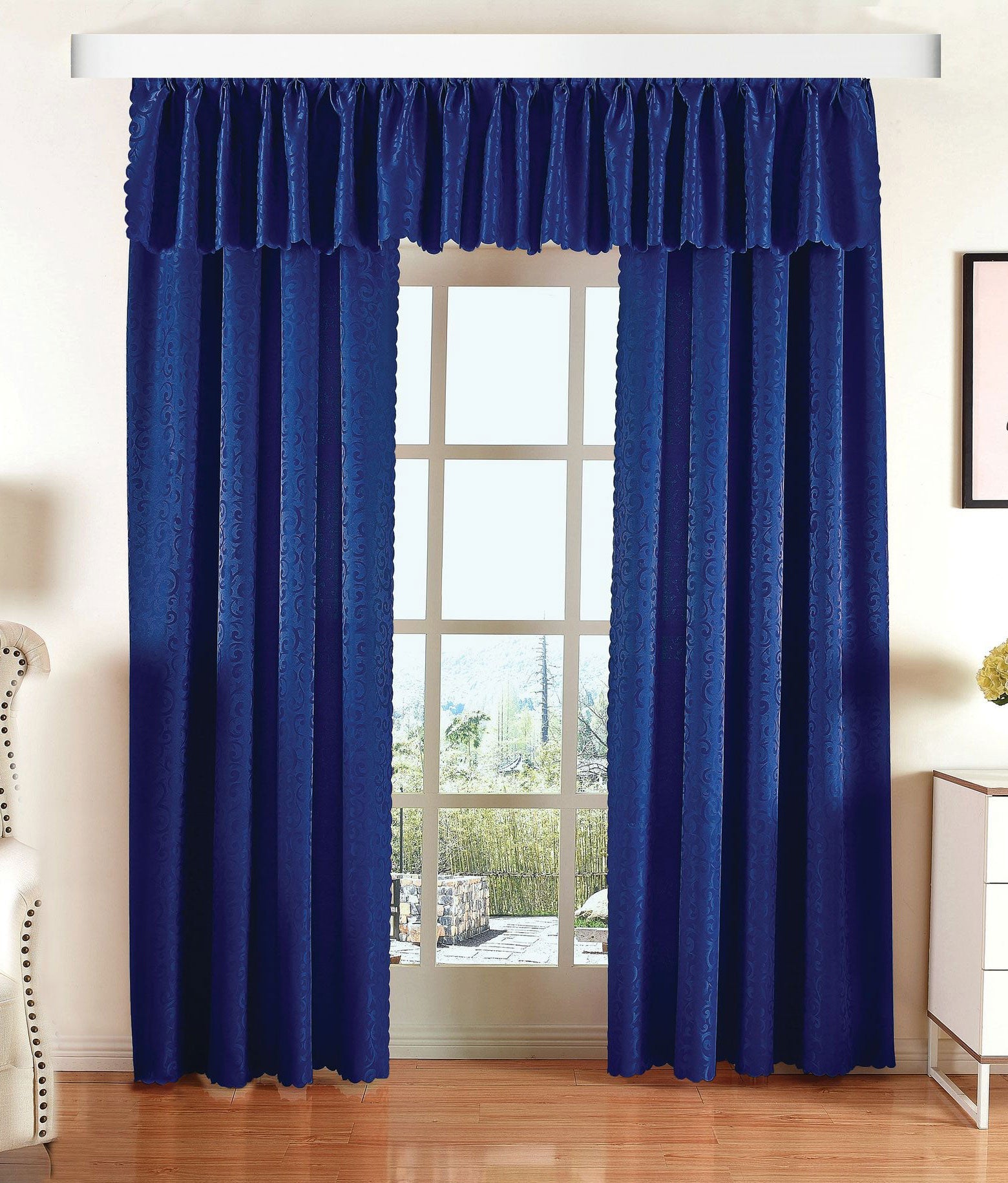 Halley Damast Gardinen Set, 5 Teile, eingenähtes Kräuselband bewährte Jacquard Qualität, blickdicht 20108 Royalblau Vorhang Set Halley_Damast_Gardinen_Set_5_Teile_eingenahtes_Krauselband_bewahrte_Jacquard_Qualitat_blickdicht_20108_-_Gardinenbox.de_-_-3684684 | Gardinenbox.de